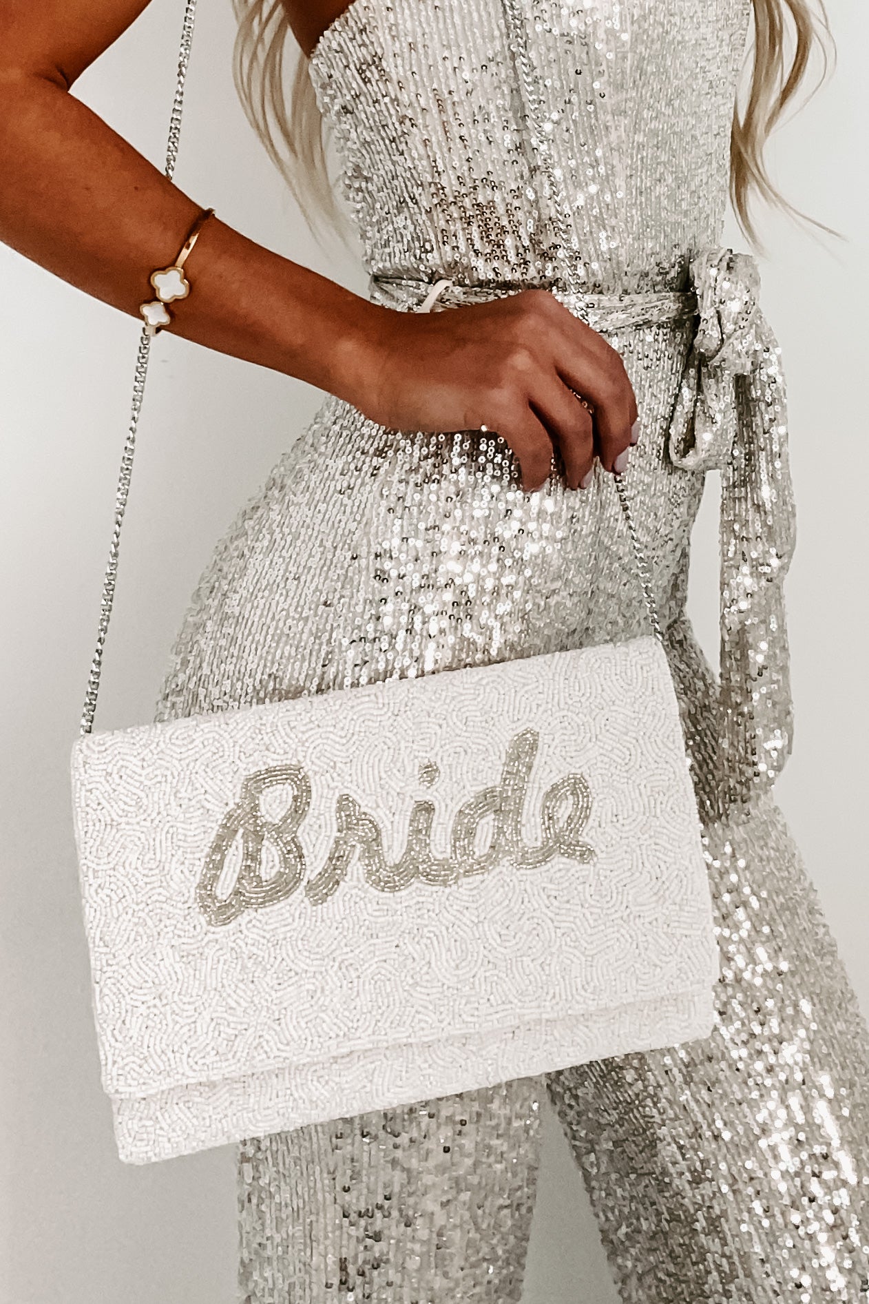 Cursive "Bride" Beaded Clutch (Silver Bride)-The Formal Wear