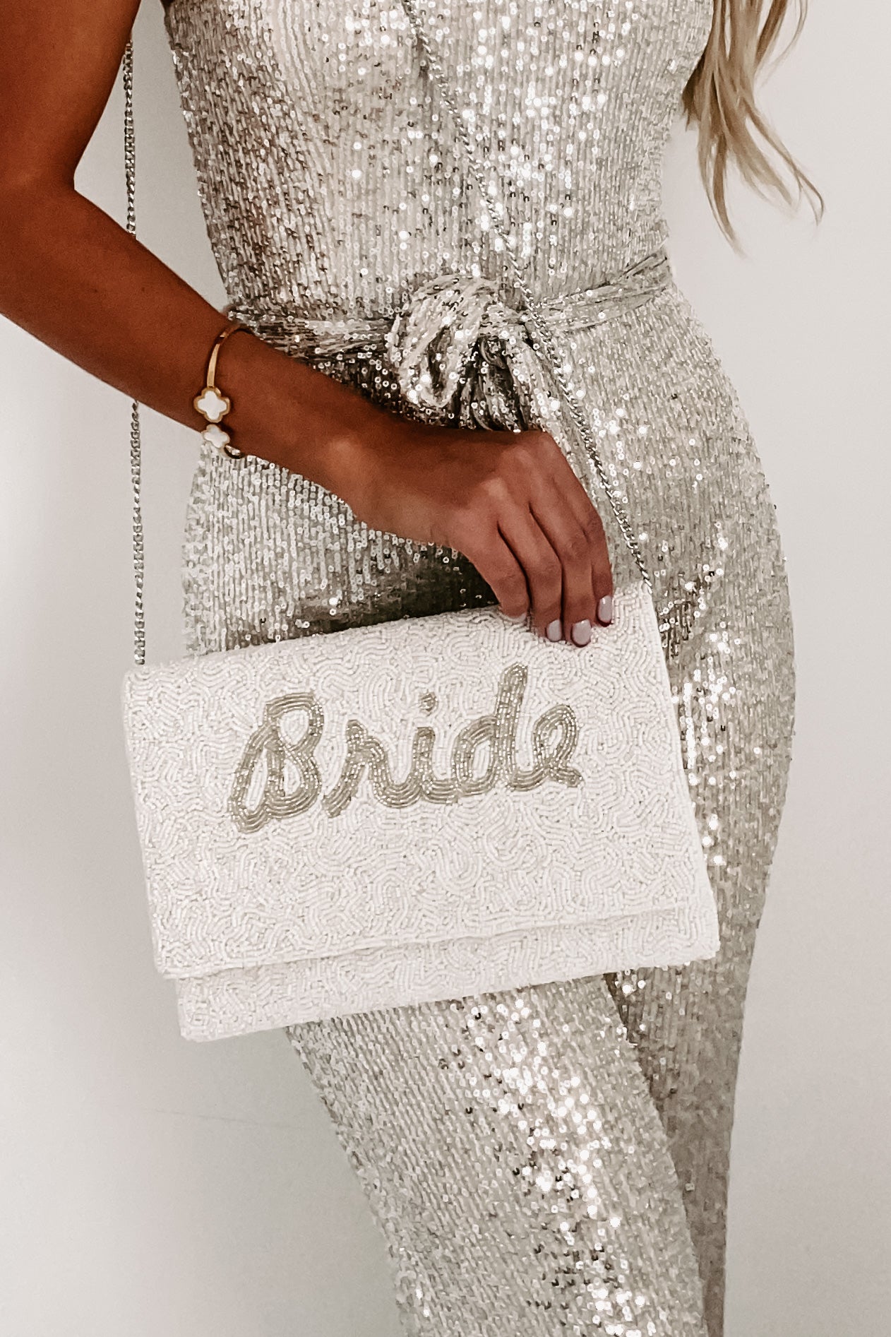 Cursive "Bride" Beaded Clutch (Silver Bride)-The Formal Wear