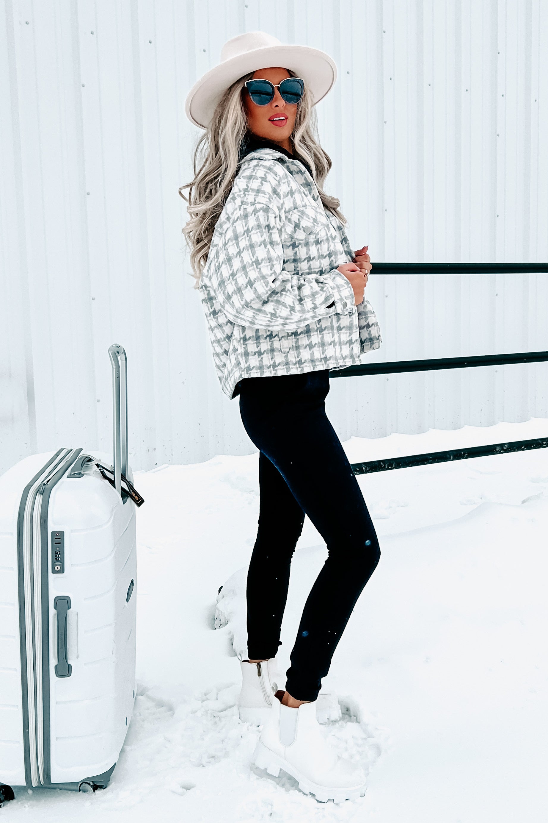 Social Obligations Houndstooth Shacket (Grey)-The Formal Wear