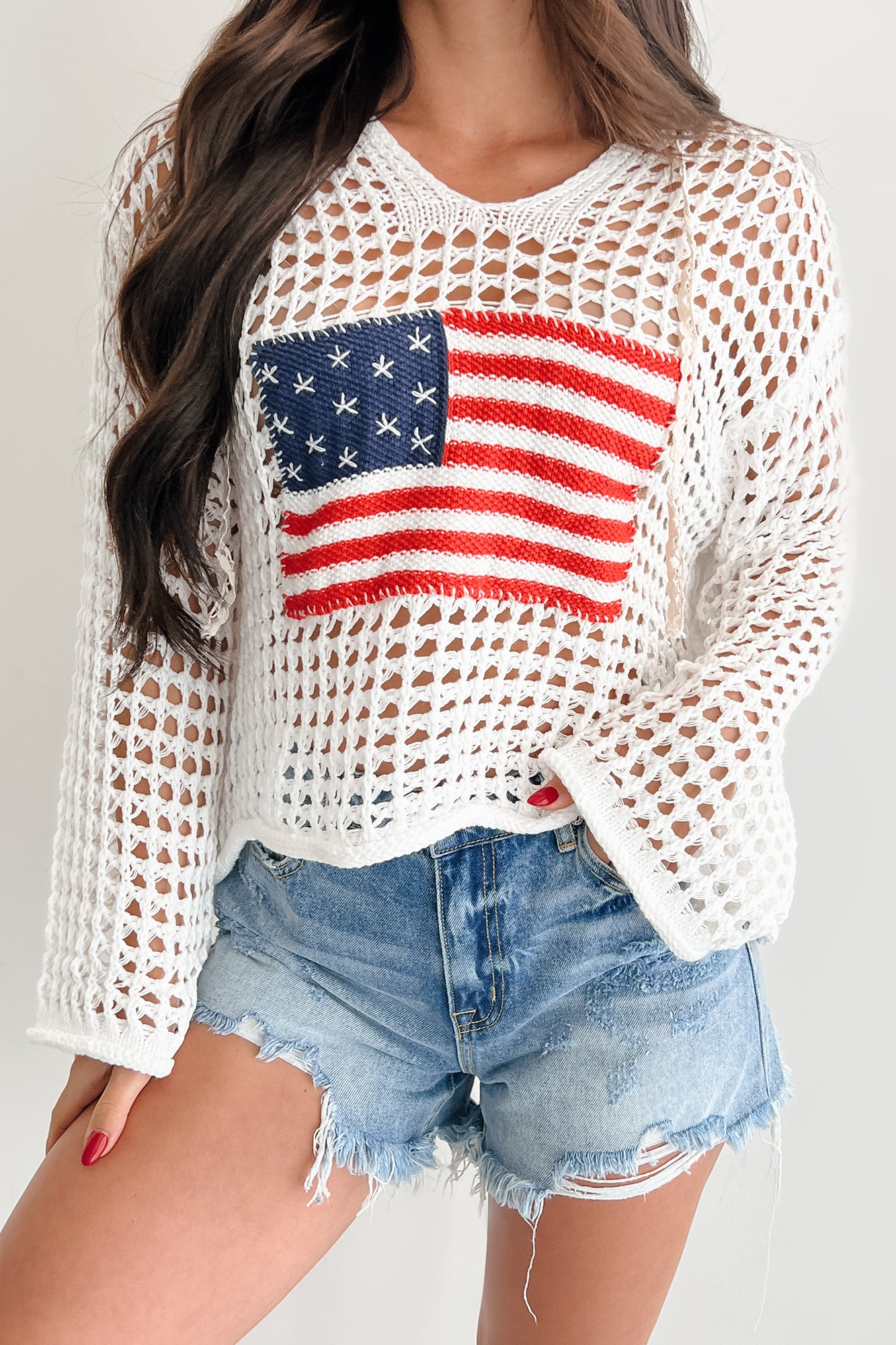 Born Free American Flag Crochet POL Hoodie (Ivory)-The Formal Wear