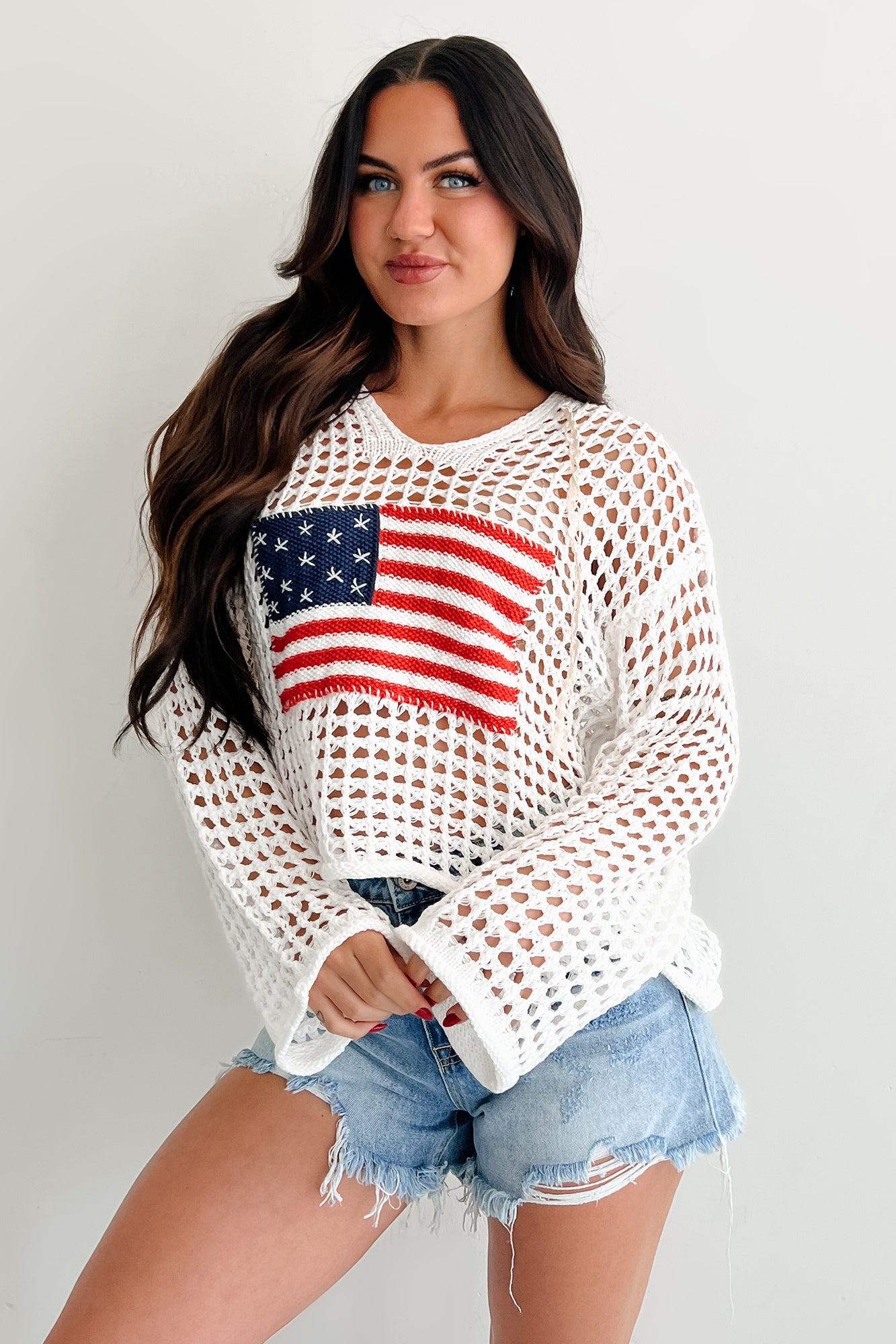 Born Free American Flag Crochet POL Hoodie (Ivory)-The Formal Wear