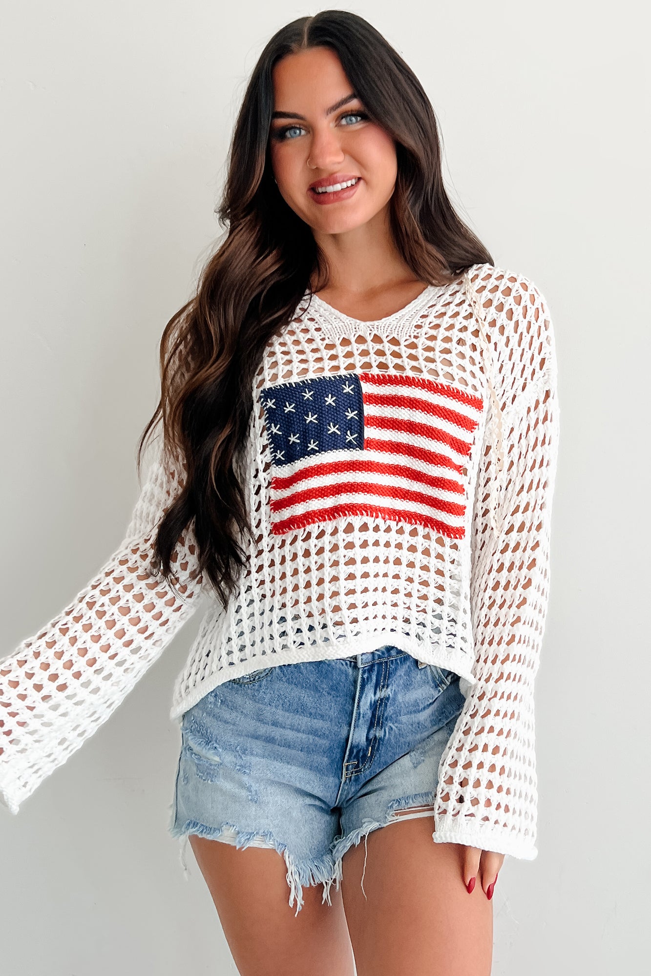 Born Free American Flag Crochet POL Hoodie (Ivory)-The Formal Wear