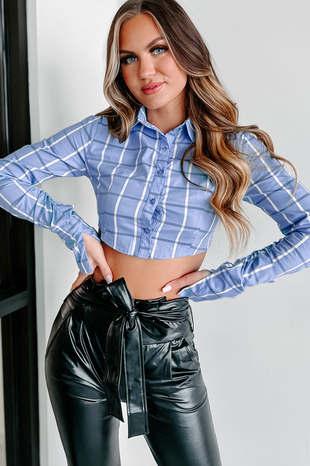 Lonnie Plaid Crop Button-Down With Ruched Sleeves (Denim Blue)-The Formal Wear
