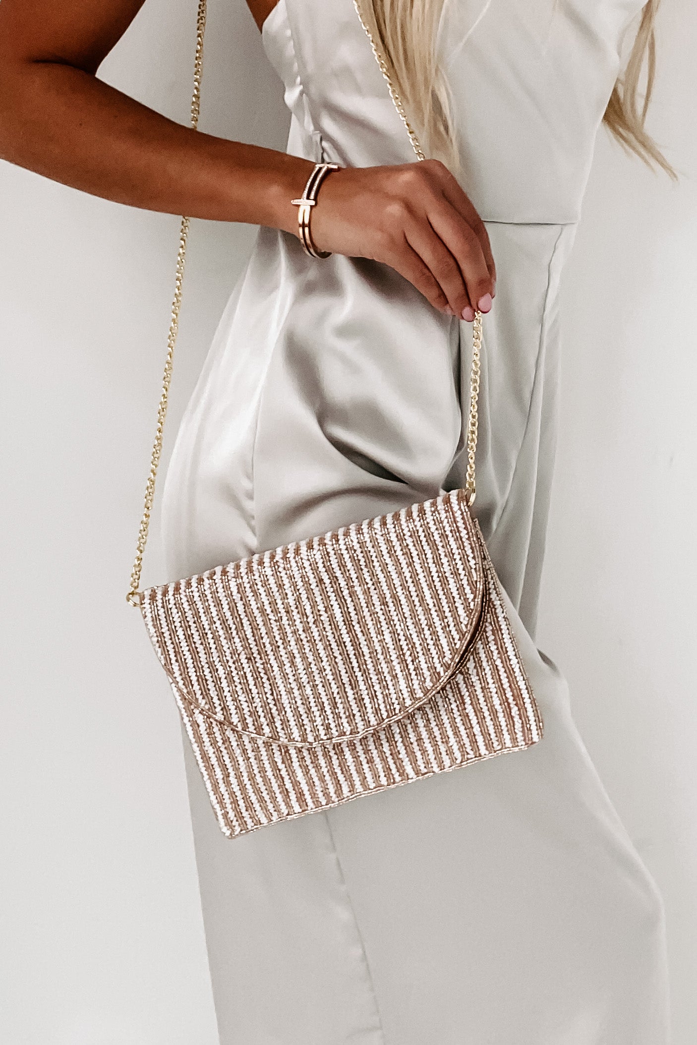 Champagne Nights Striped Beaded Clutch (Blush/White Stripe)-The Formal Wear