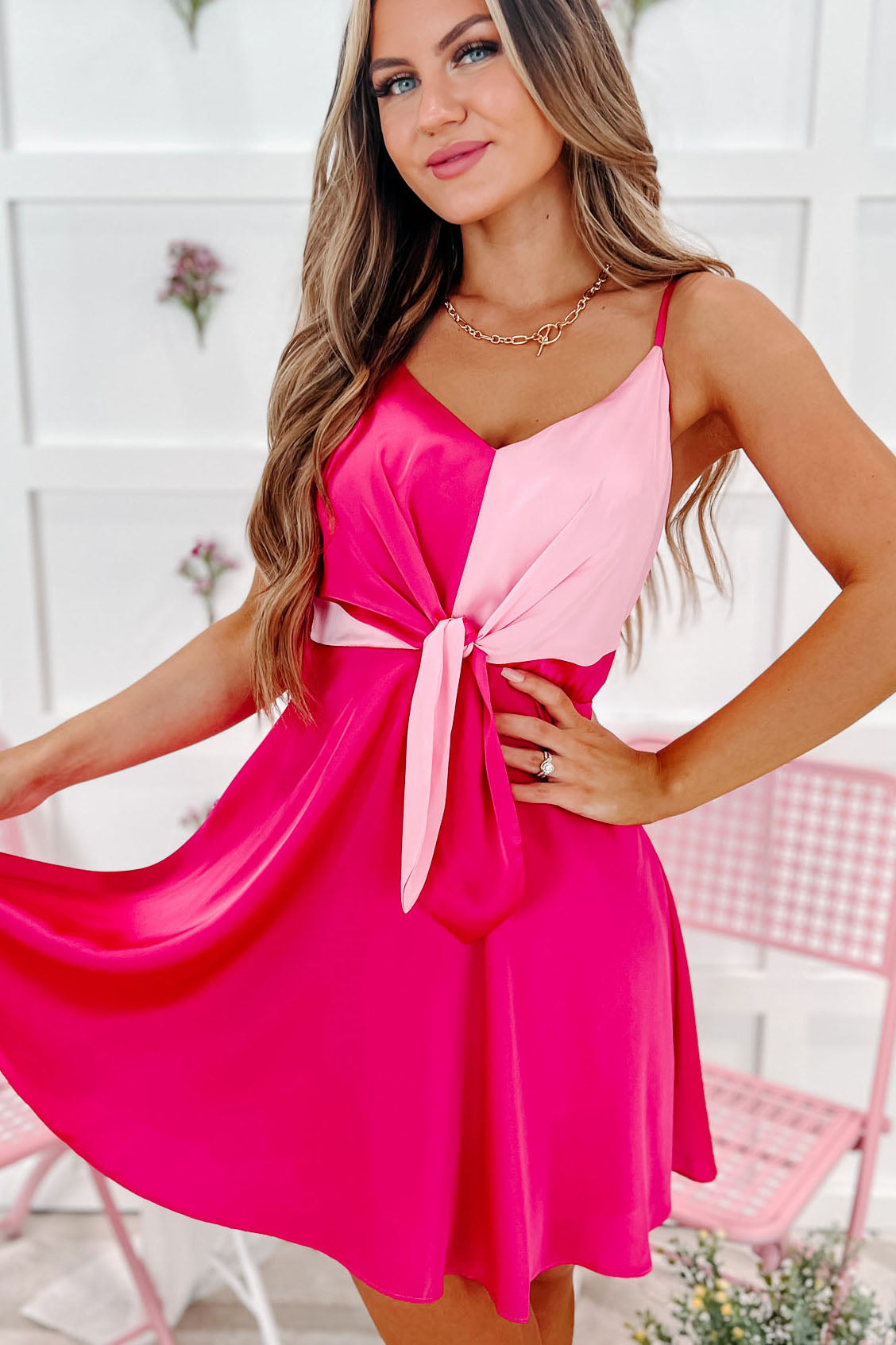 Owning This Moment Colorblock Satin Mini Dress (Pink/Fuchsia)-The Formal Wear