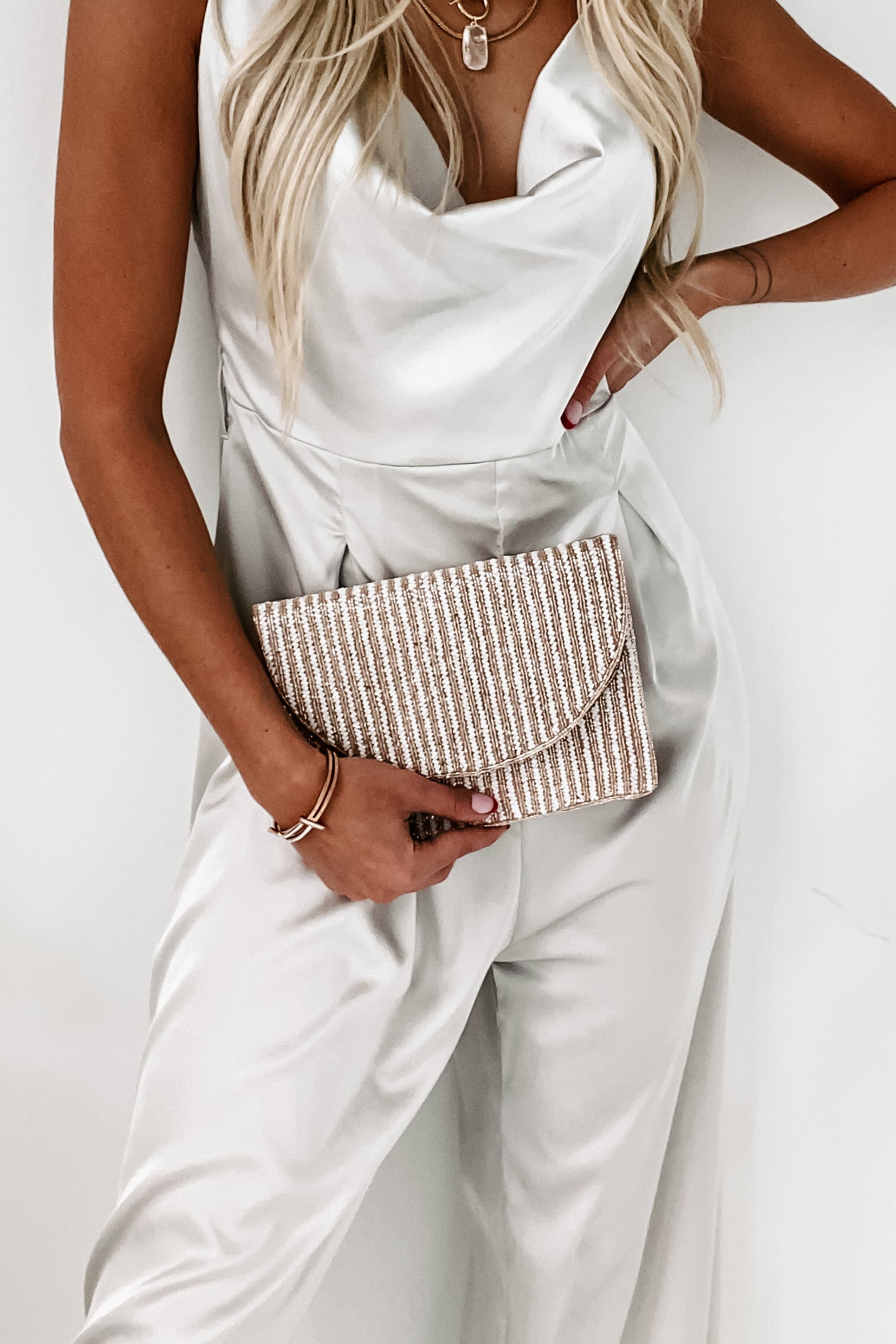 Champagne Nights Striped Beaded Clutch (Blush/White Stripe)-The Formal Wear