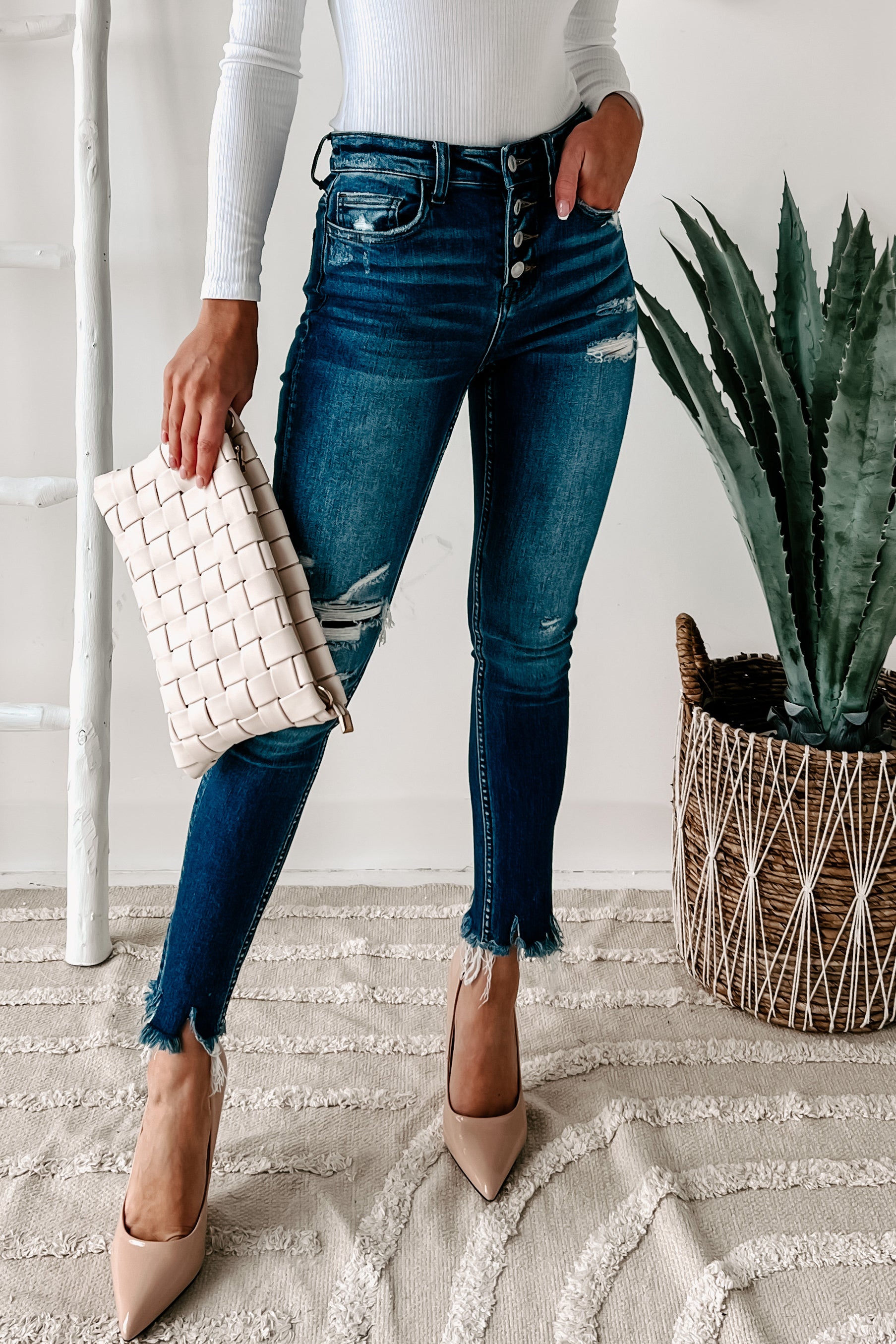 Petunia Flying Monkey High Rise Button-Down Skinny Jeans (Dark)-The Formal Wear