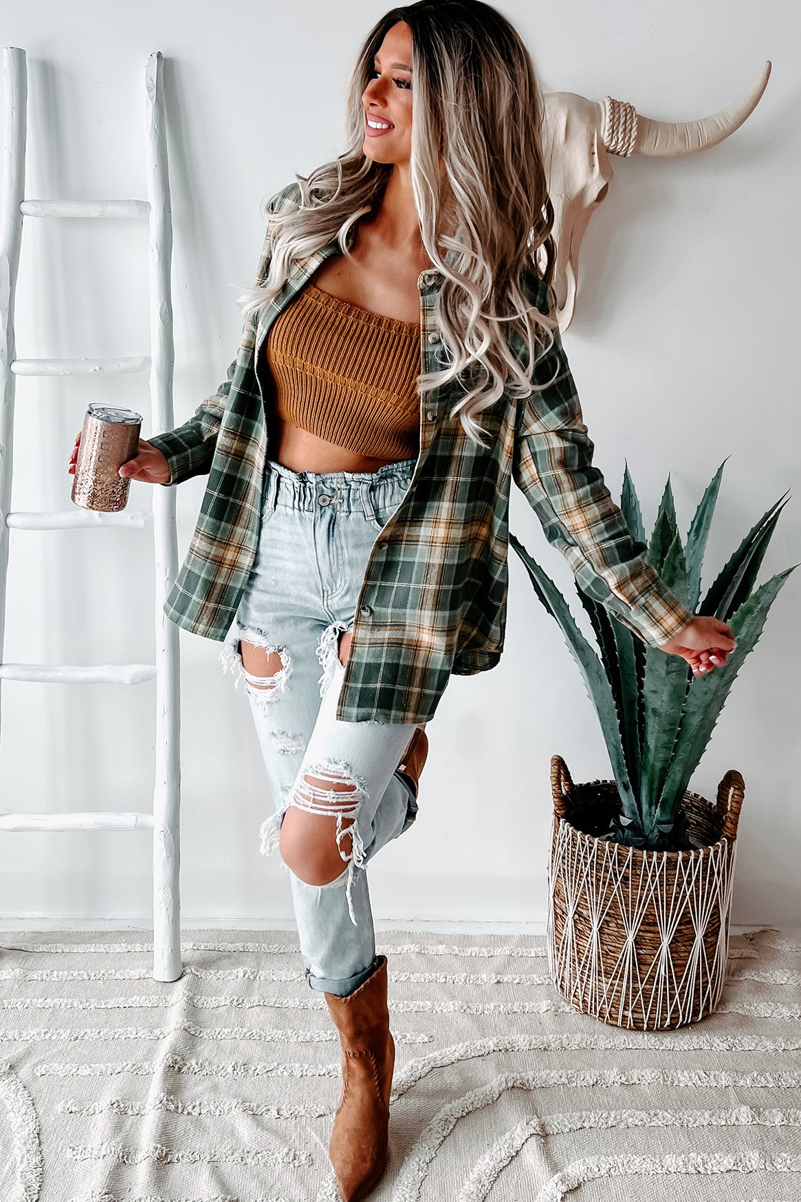 Bringing On Autumn Plaid Button-Front Flannel (Green)-The Formal Wear