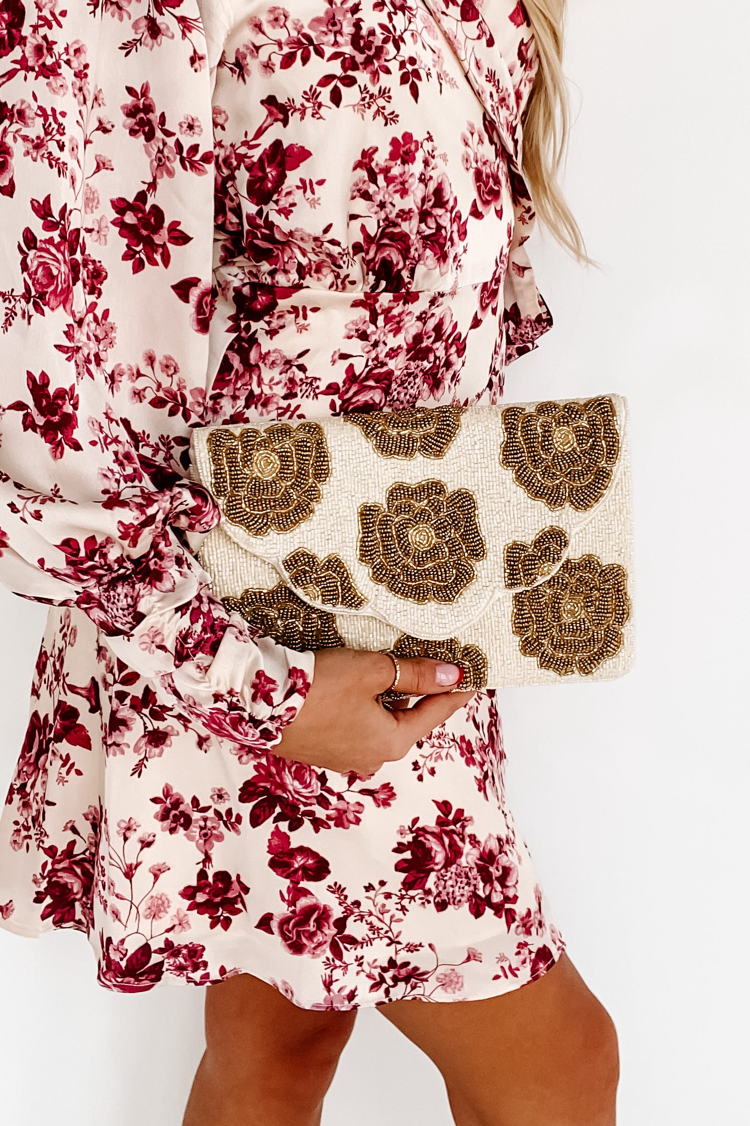 Stylish Status Floral Beaded Clutch (Cream/Rose Gold)-The Formal Wear
