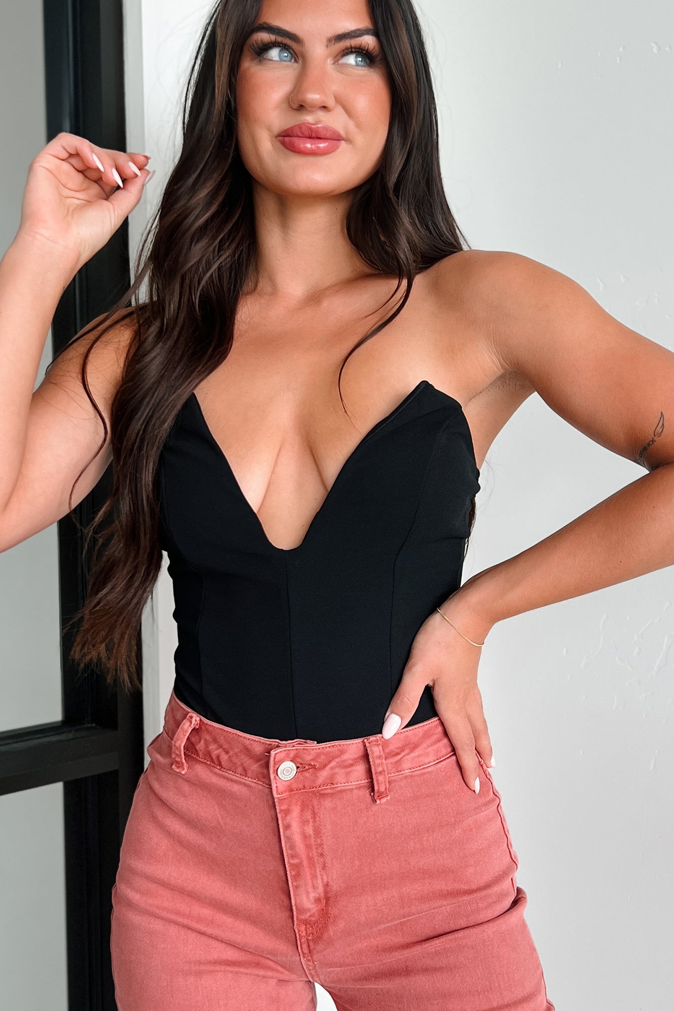 Call My Agent Strapless Deep V-Neck Bodysuit (Black)-The Formal Wear