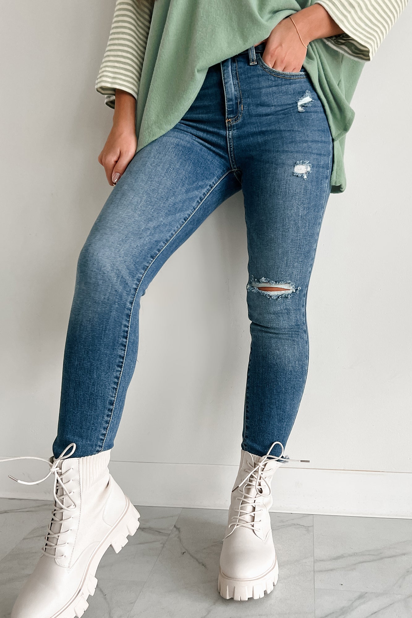 Doorbuster Cruising Through Life High Rise Distressed Sneak Peek Skinny Jeans (Denim)-The Formal Wear