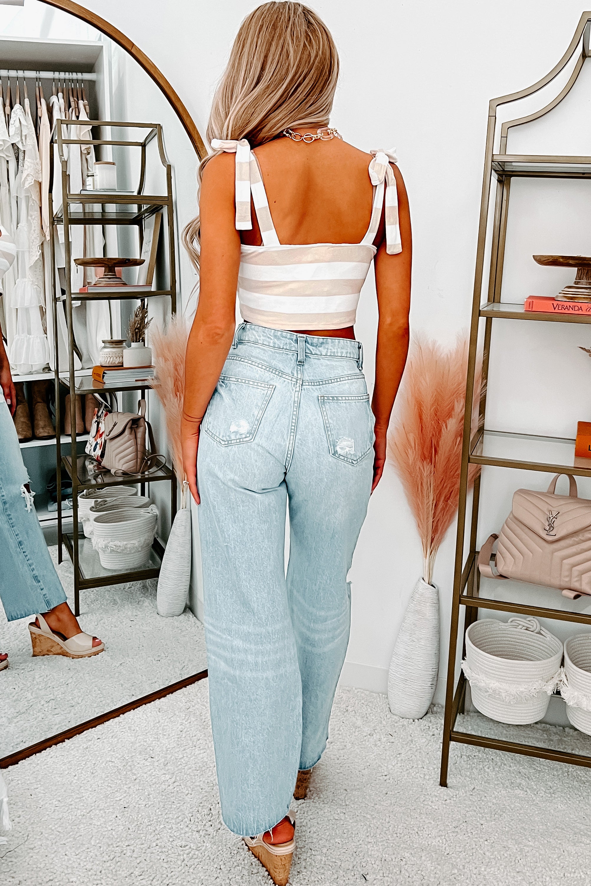 All Good Reasons Soft Stripe Tie-Shoulder Crop Top (White/Taupe)-The Formal Wear