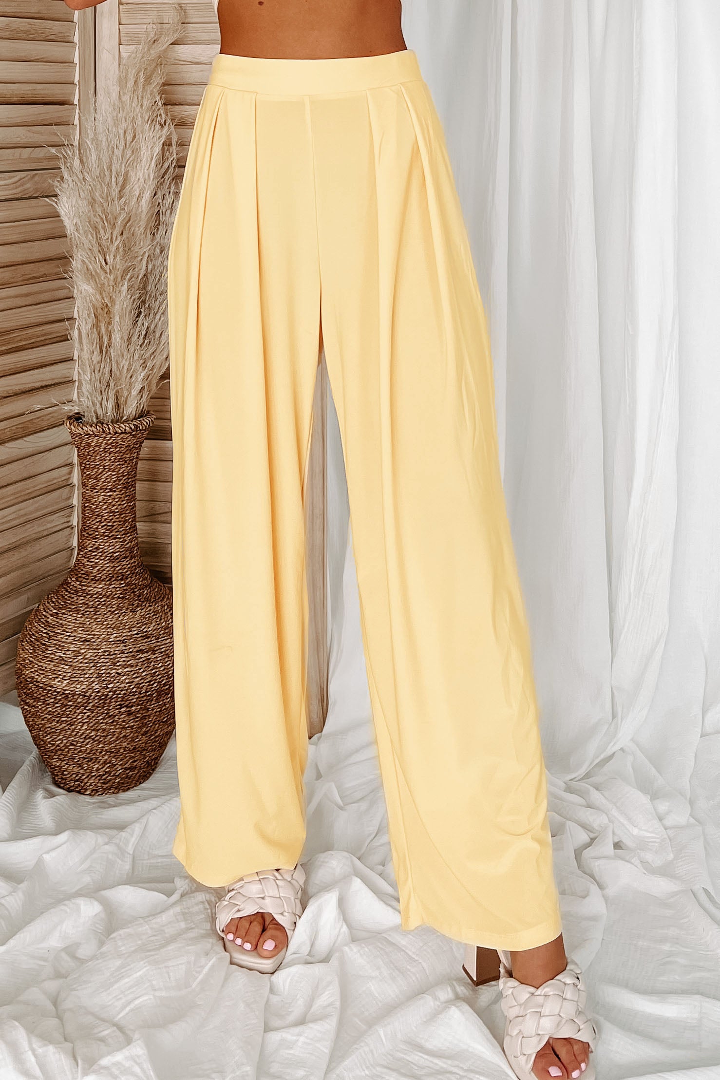 Vacation Mindset Strapless Tie Top & Pants Set (Pastel Yellow)-The Formal Wear