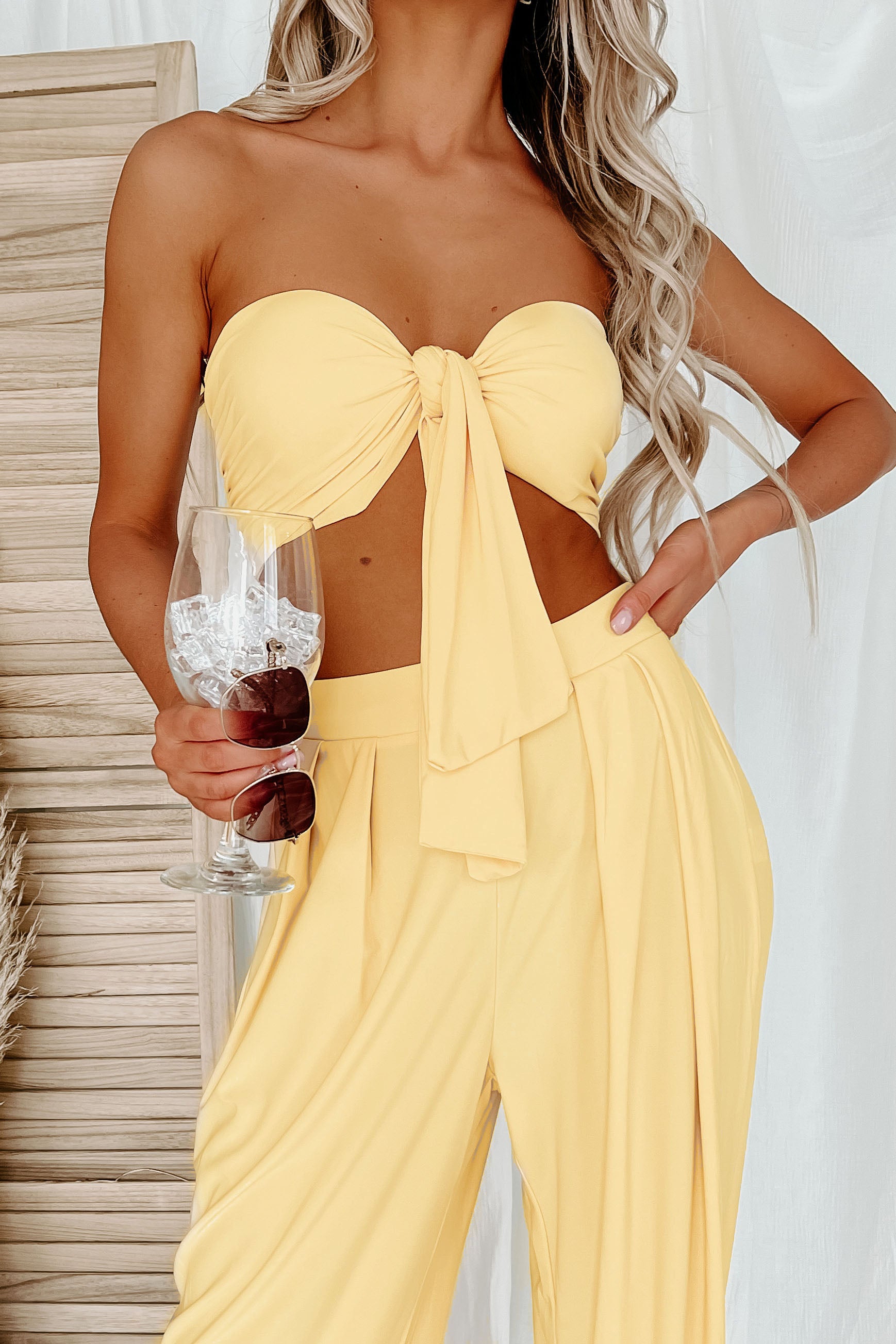 Vacation Mindset Strapless Tie Top & Pants Set (Pastel Yellow)-The Formal Wear