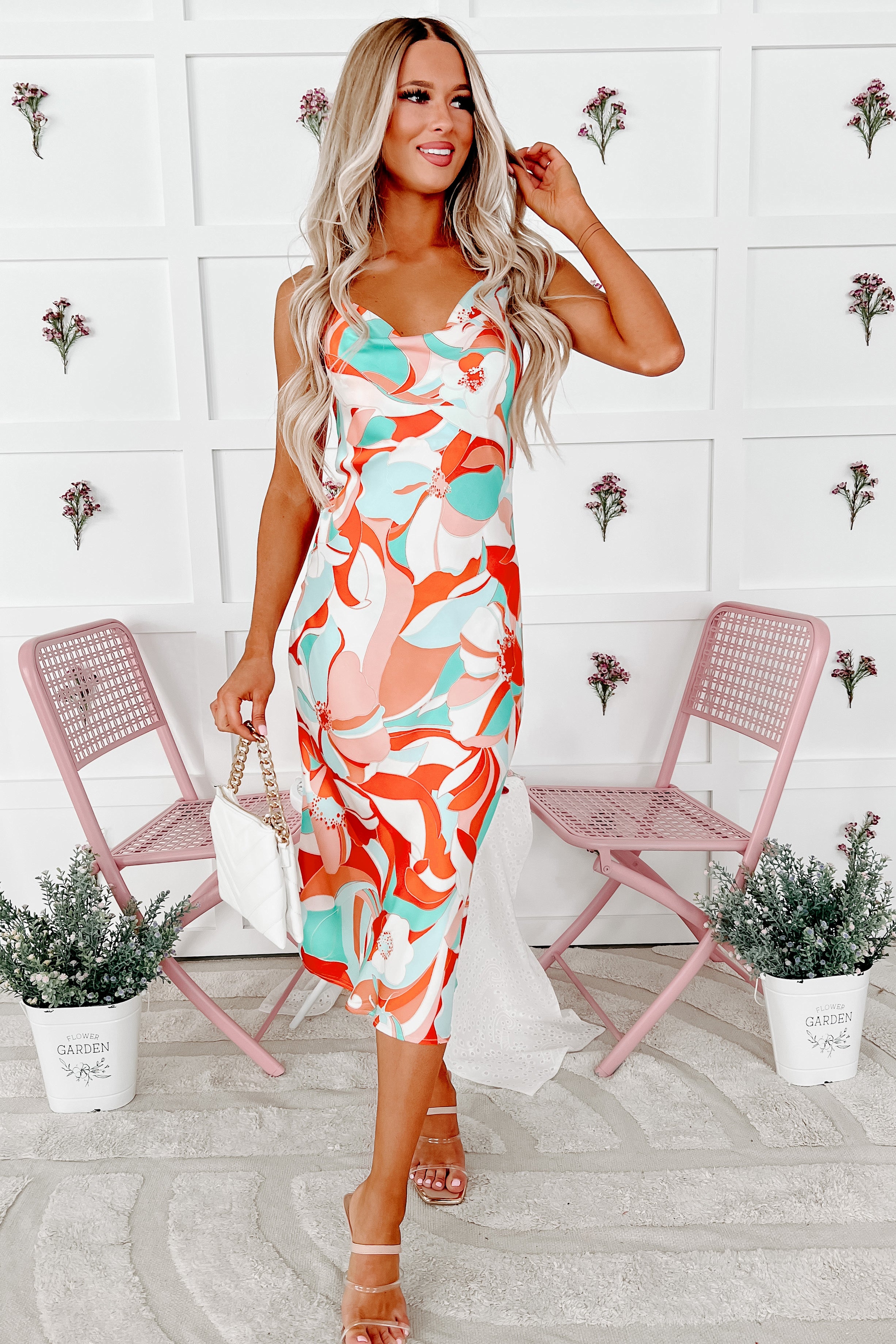 Escape The Mundane Printed Cowl Neck Midi Dress (Coral/Aqua)-The Formal Wear