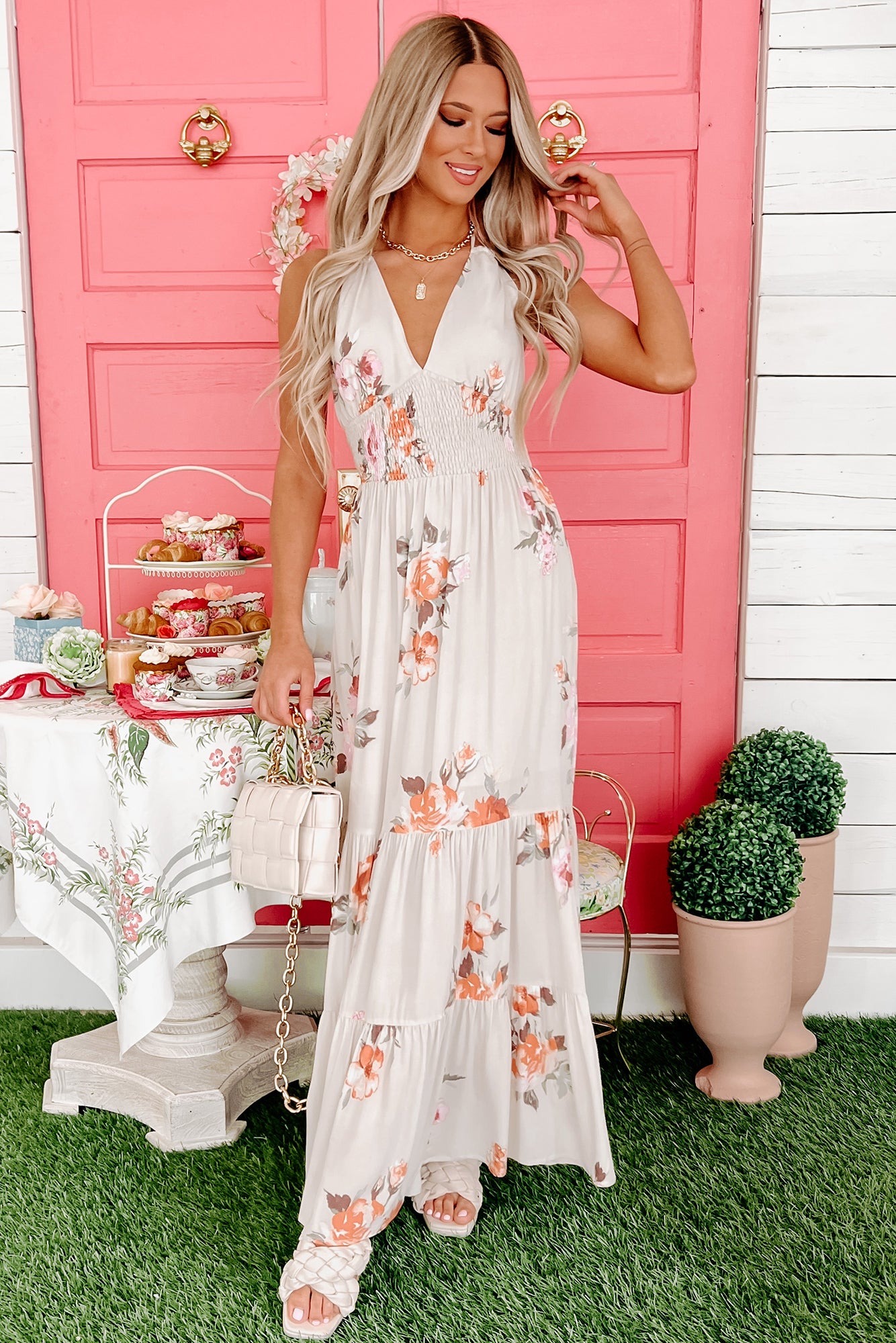 Infinite Beauty Floral Halter Maxi Dress (Sand)-The Formal Wear