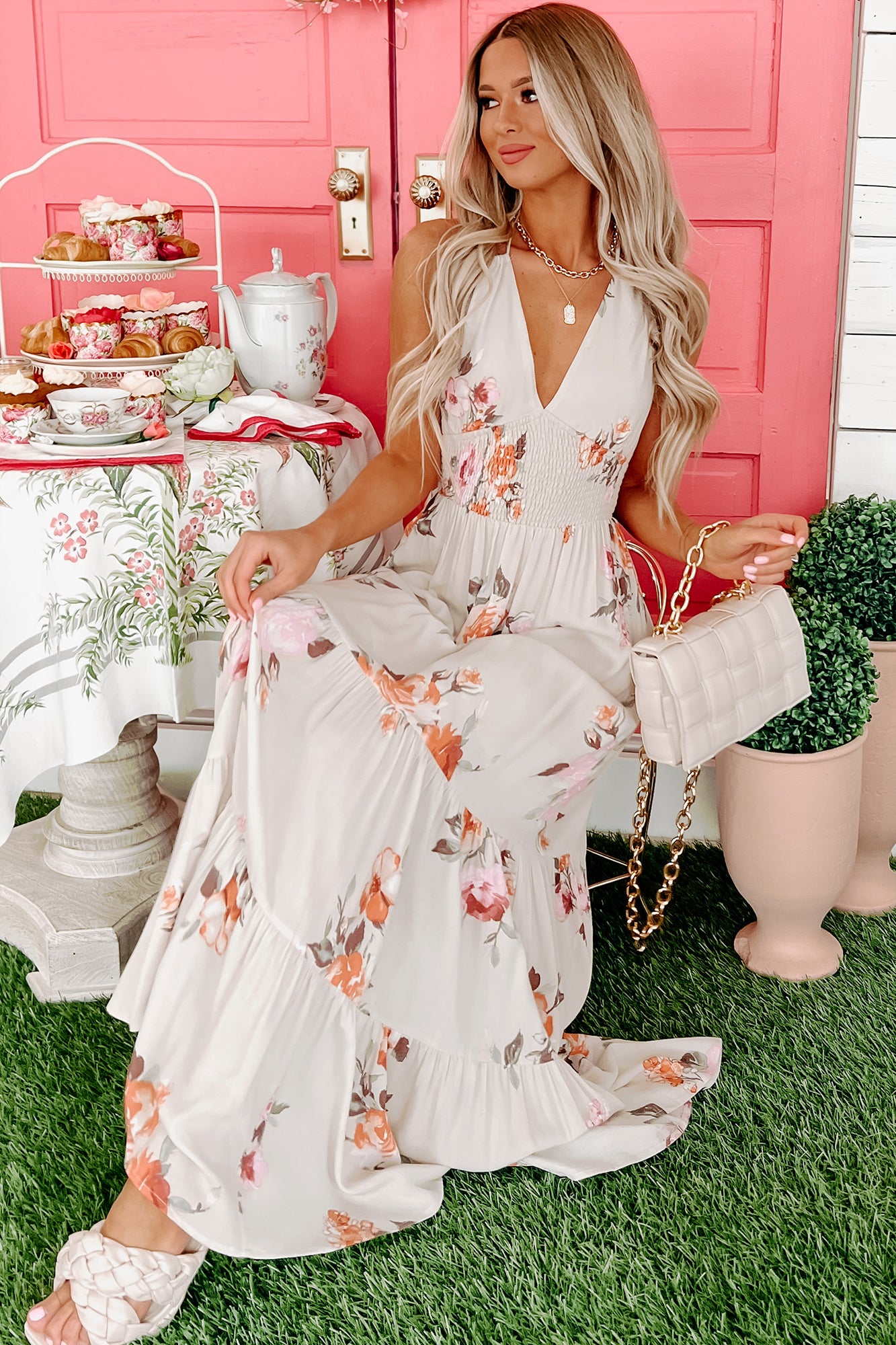 Infinite Beauty Floral Halter Maxi Dress (Sand)-The Formal Wear