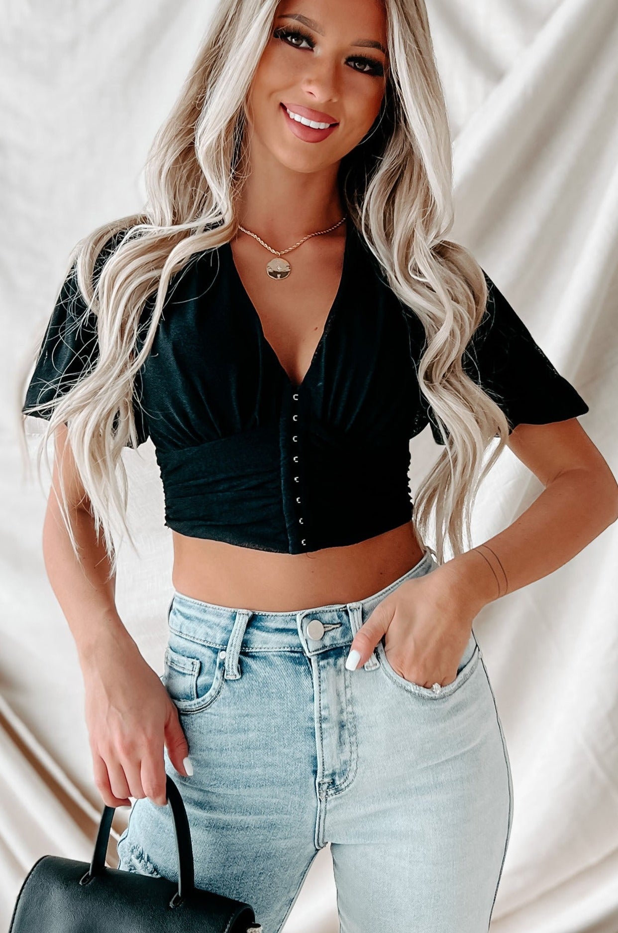 Hooked On Love Hook-Front Mesh Crop Top (Black)-The Formal Wear