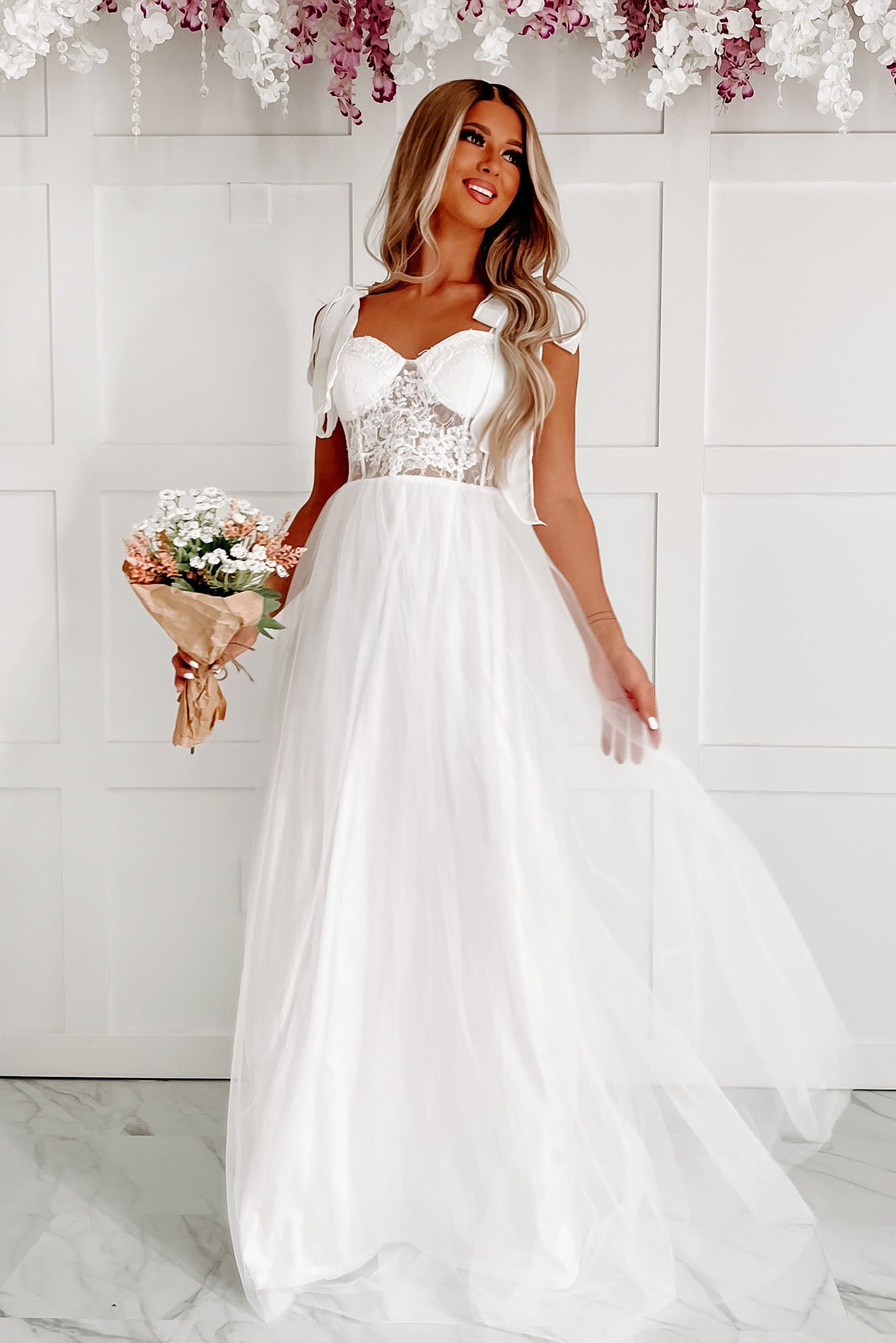 Toss The Bouquet Sequin Lace Tulle Maxi Dress (Ivory)-The Formal Wear