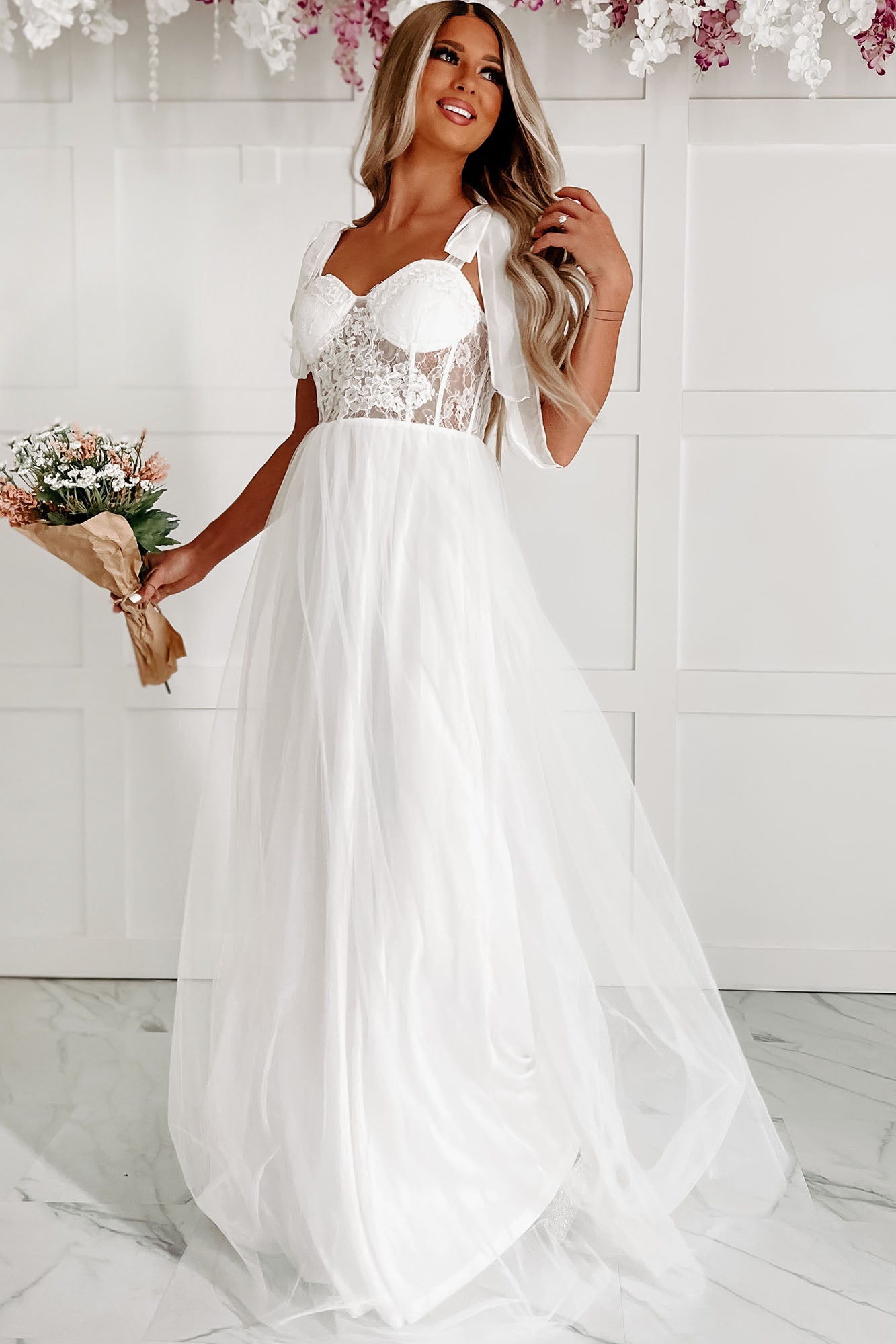 Toss The Bouquet Sequin Lace Tulle Maxi Dress (Ivory)-The Formal Wear