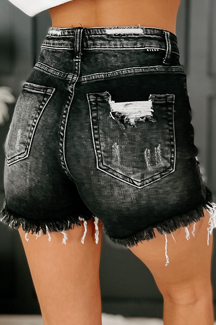 Hearing Rumors High Rise Distressed Risen Denim Shorts (Black)-The Formal Wear