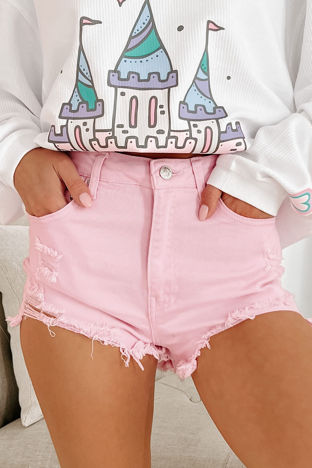 Sweet Like Summer High Rise Distressed Denim Shorts (Pink)-The Formal Wear