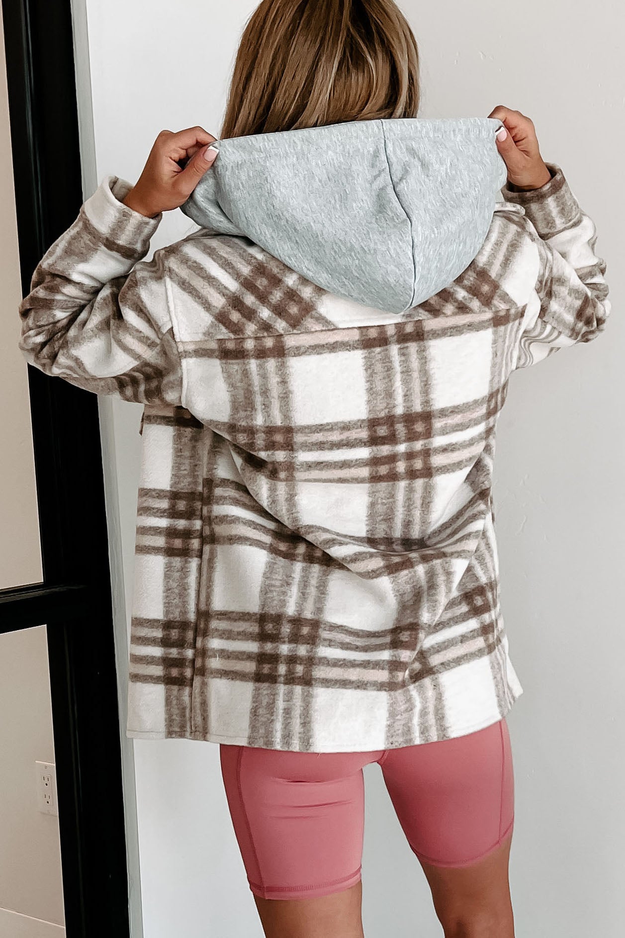 Autumn Wishes Hooded Plaid Shacket (Taupe Brown)-The Formal Wear