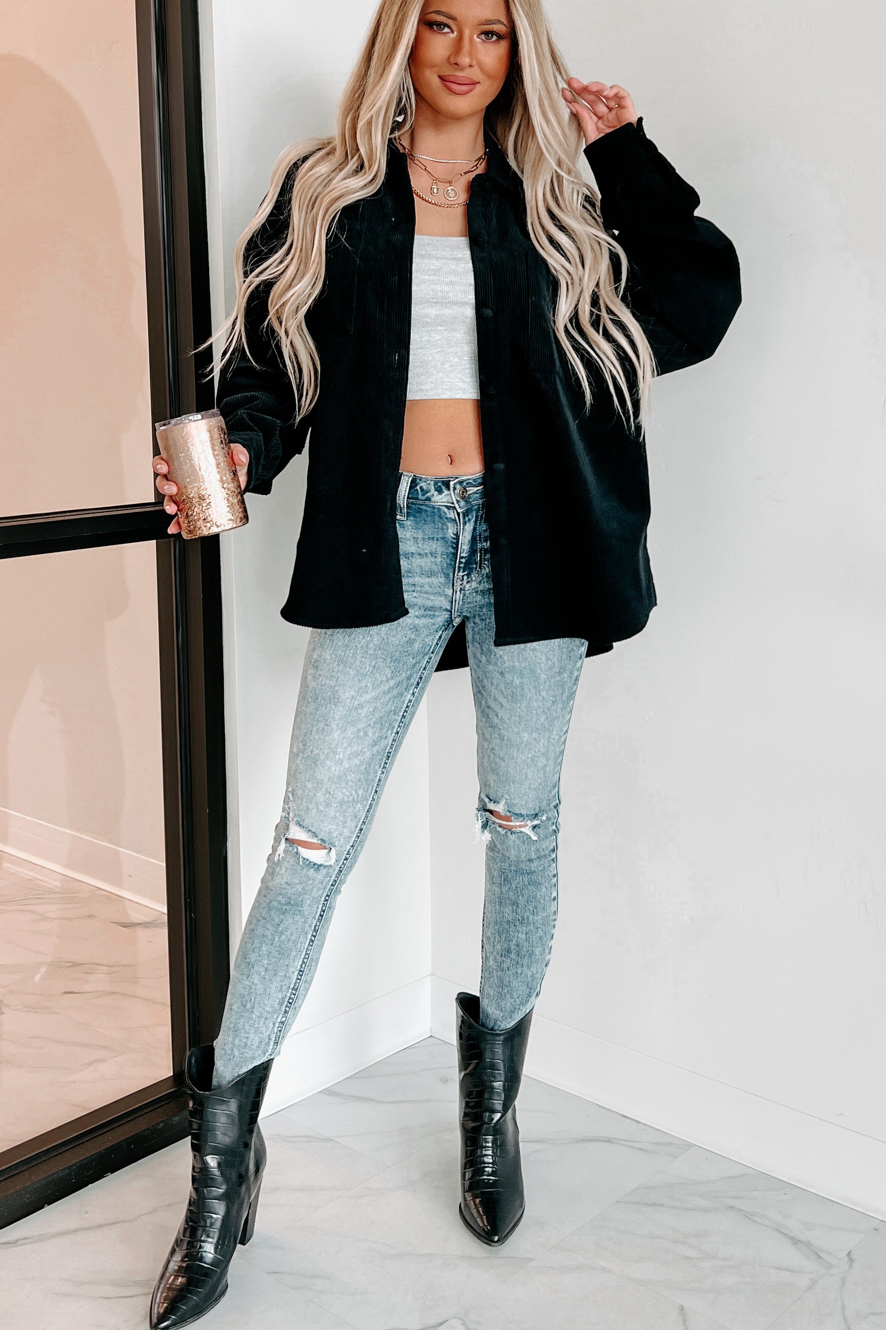 Saturdays At Market Oversized Corduroy Shacket (Black)-The Formal Wear