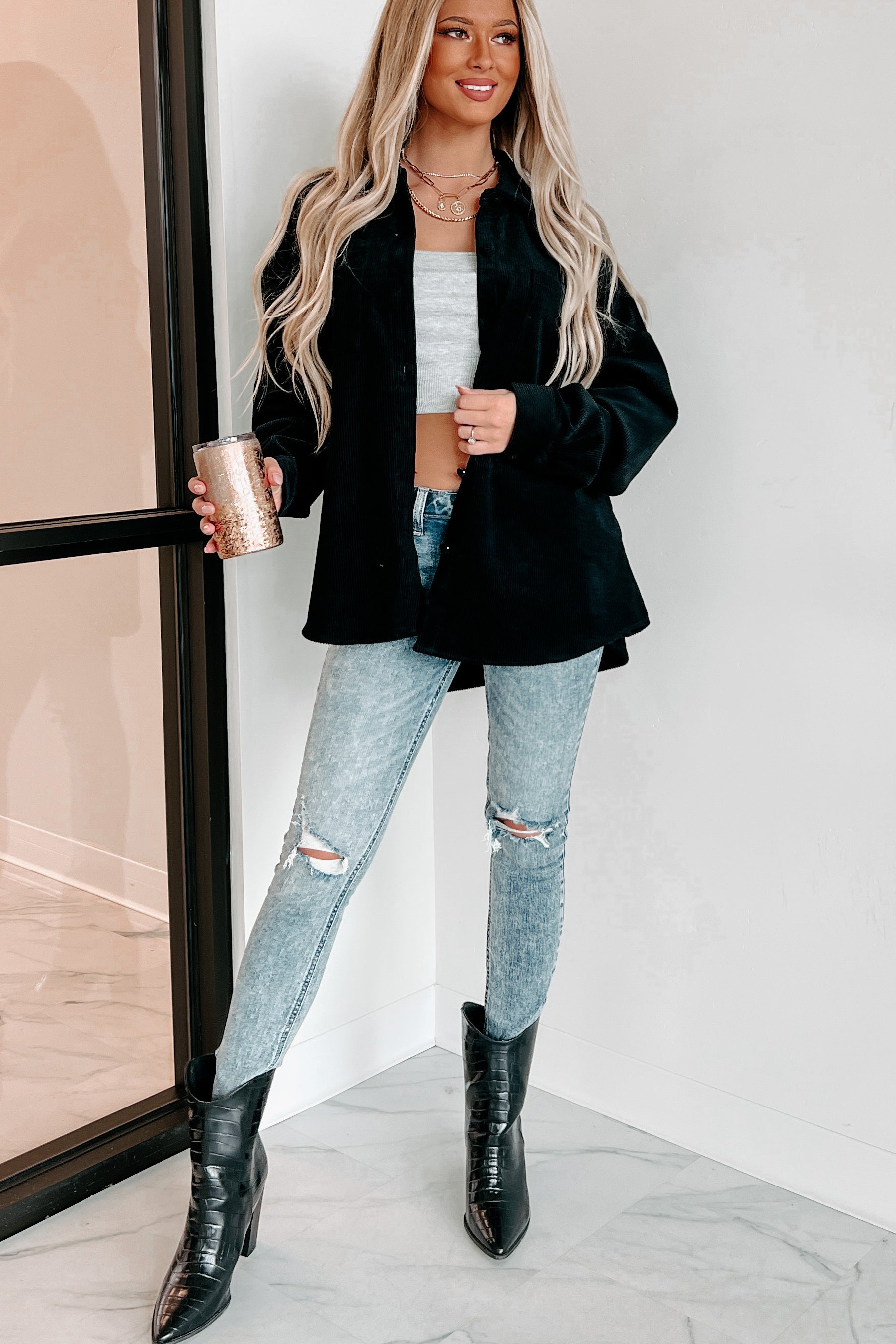 Saturdays At Market Oversized Corduroy Shacket (Black)-The Formal Wear