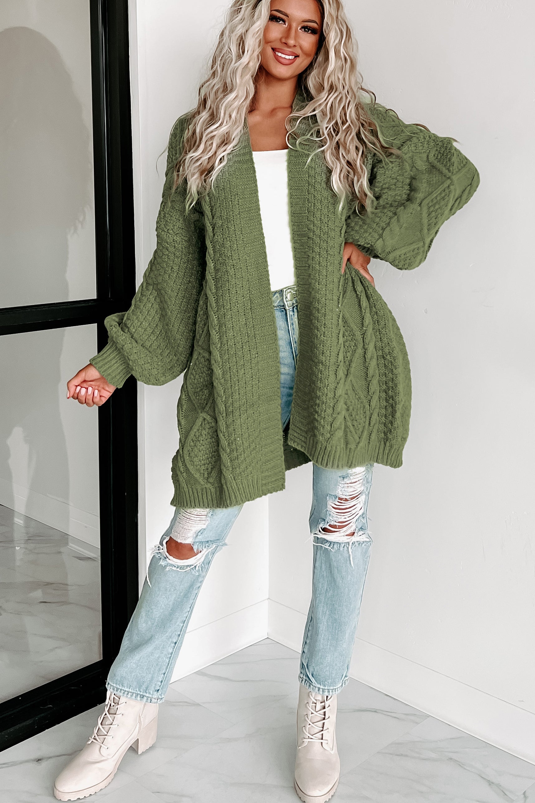 What You Need Open Front Knit Cardigan (Olive)-The Formal Wear
