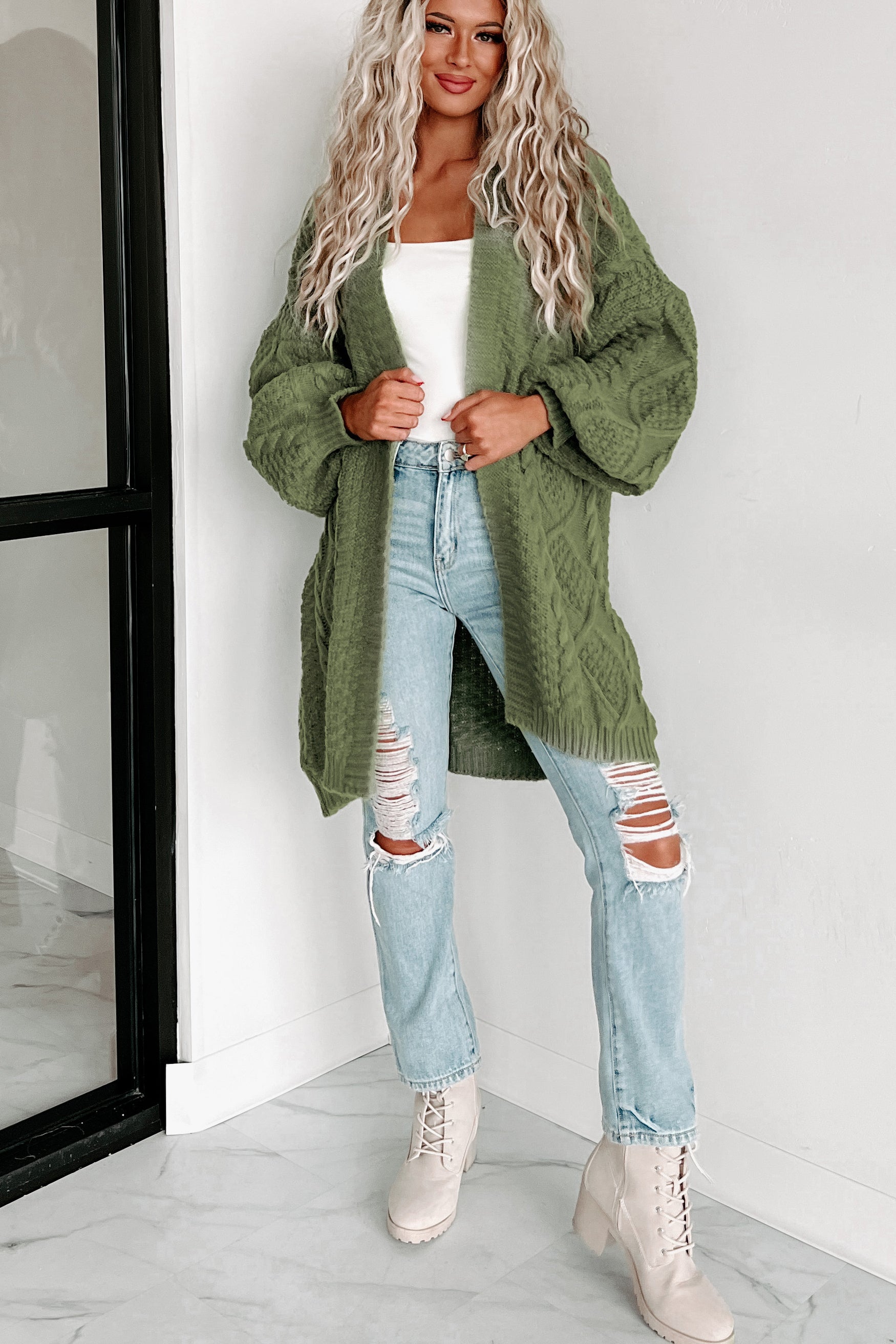 What You Need Open Front Knit Cardigan (Olive)-The Formal Wear