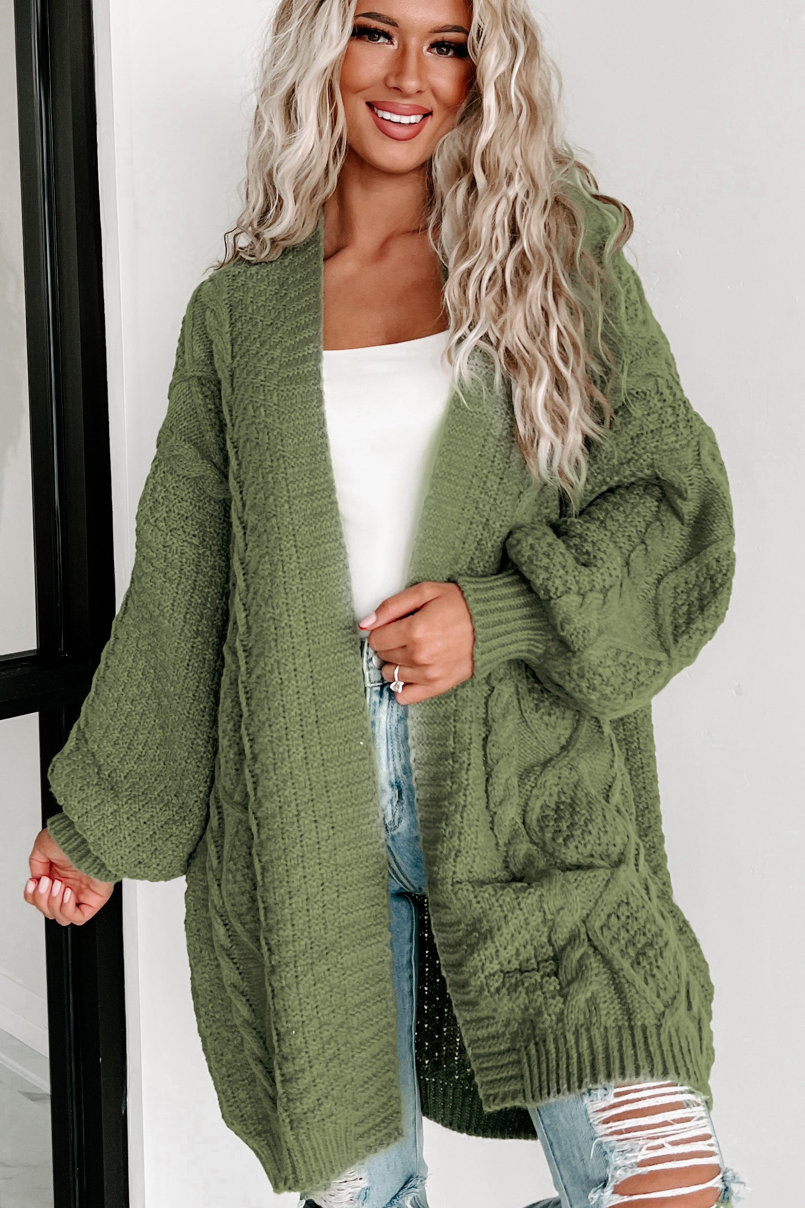What You Need Open Front Knit Cardigan (Olive)-The Formal Wear
