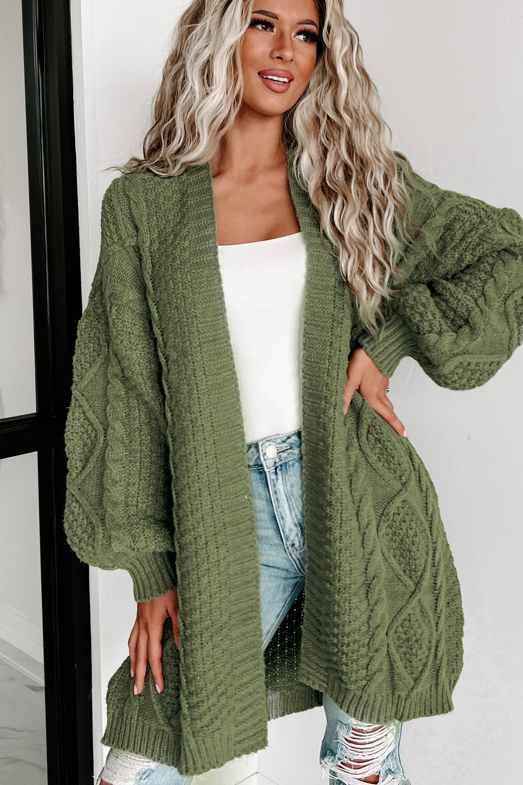What You Need Open Front Knit Cardigan (Olive)-The Formal Wear