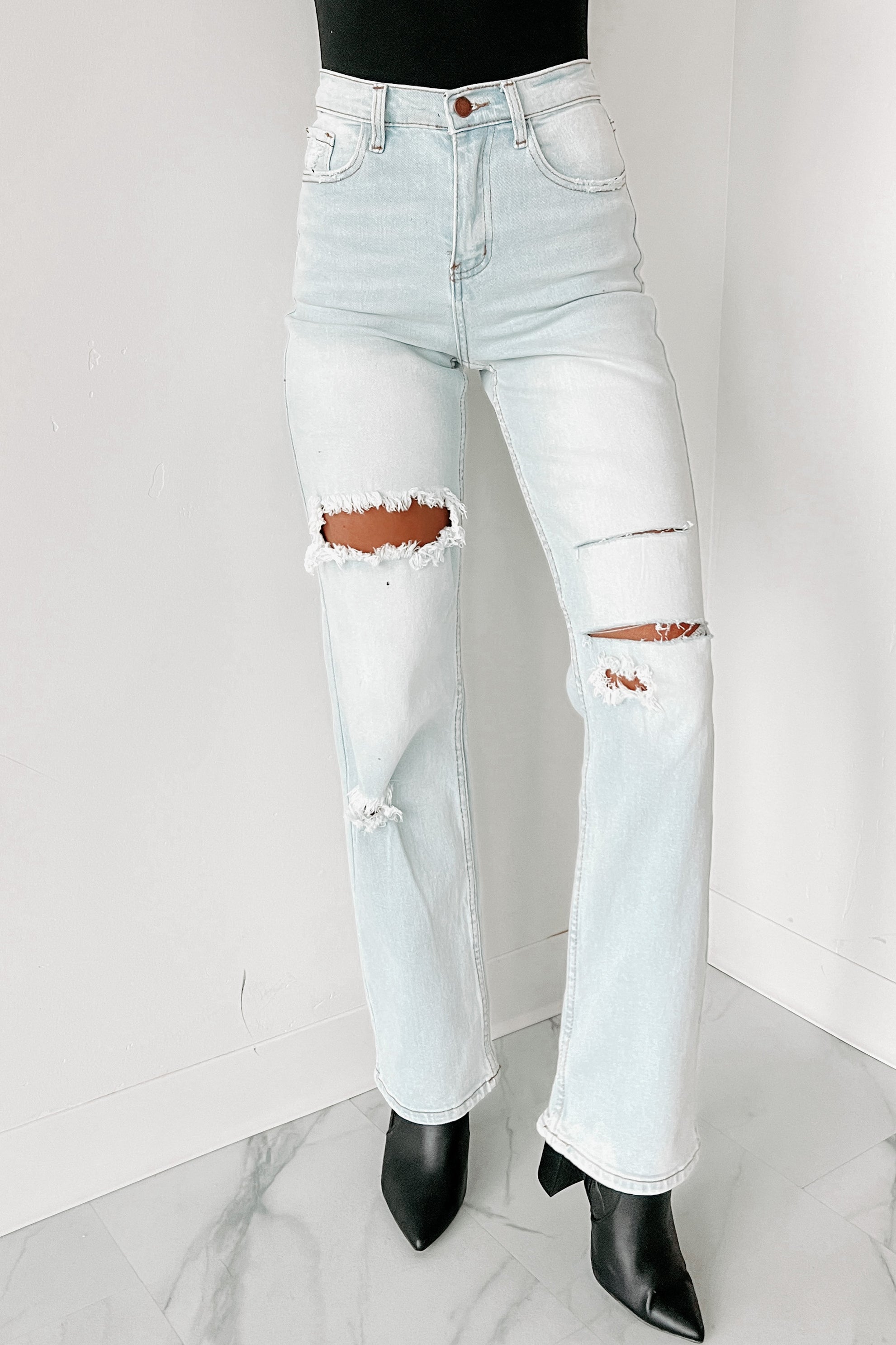 Only Good Days High Rise Distressed Wide Leg Jeans (Light)-The Formal Wear