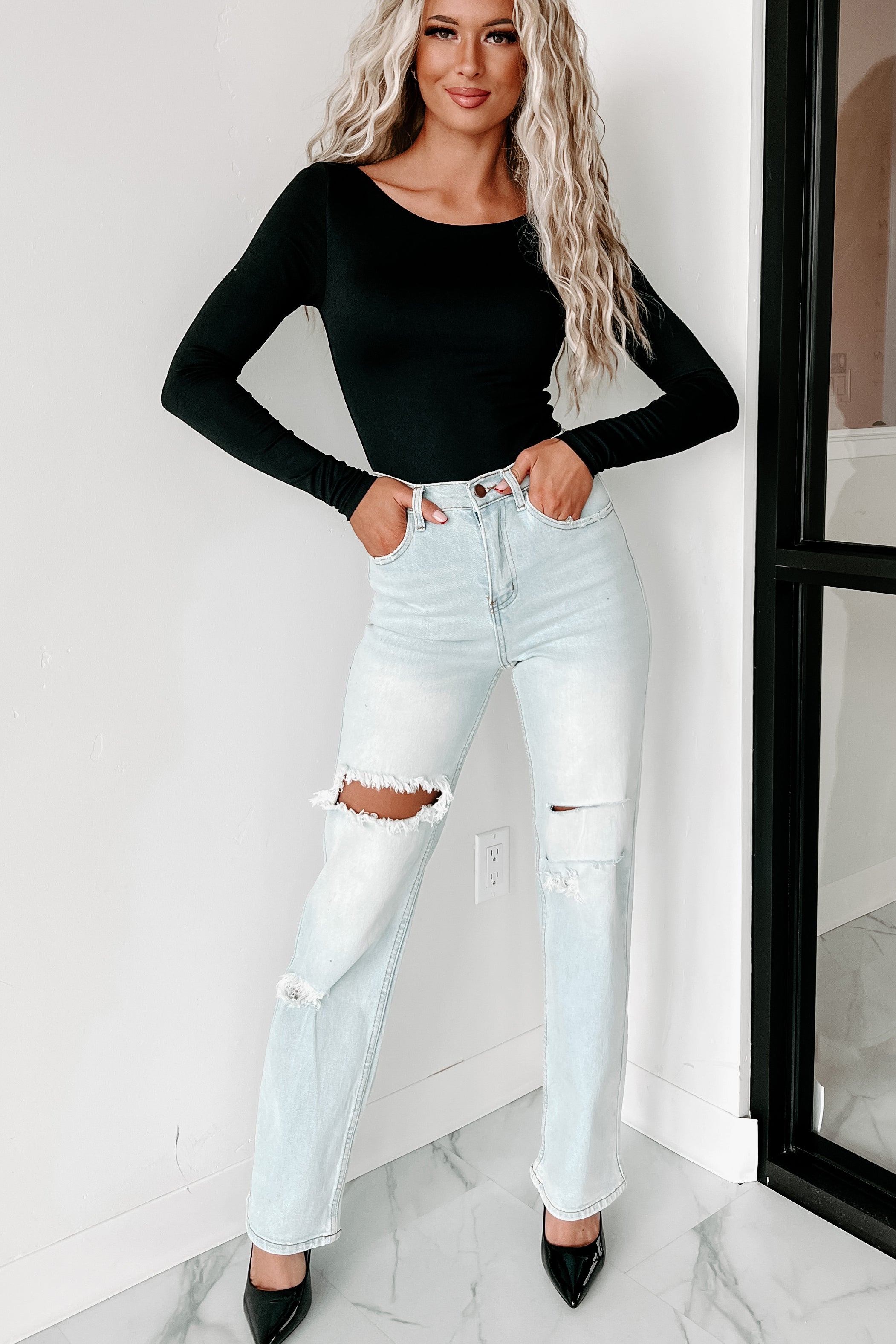 Colleen TheFormalWear Original Scoop Back Long Sleeve Bodysuit (Black)-The Formal Wear