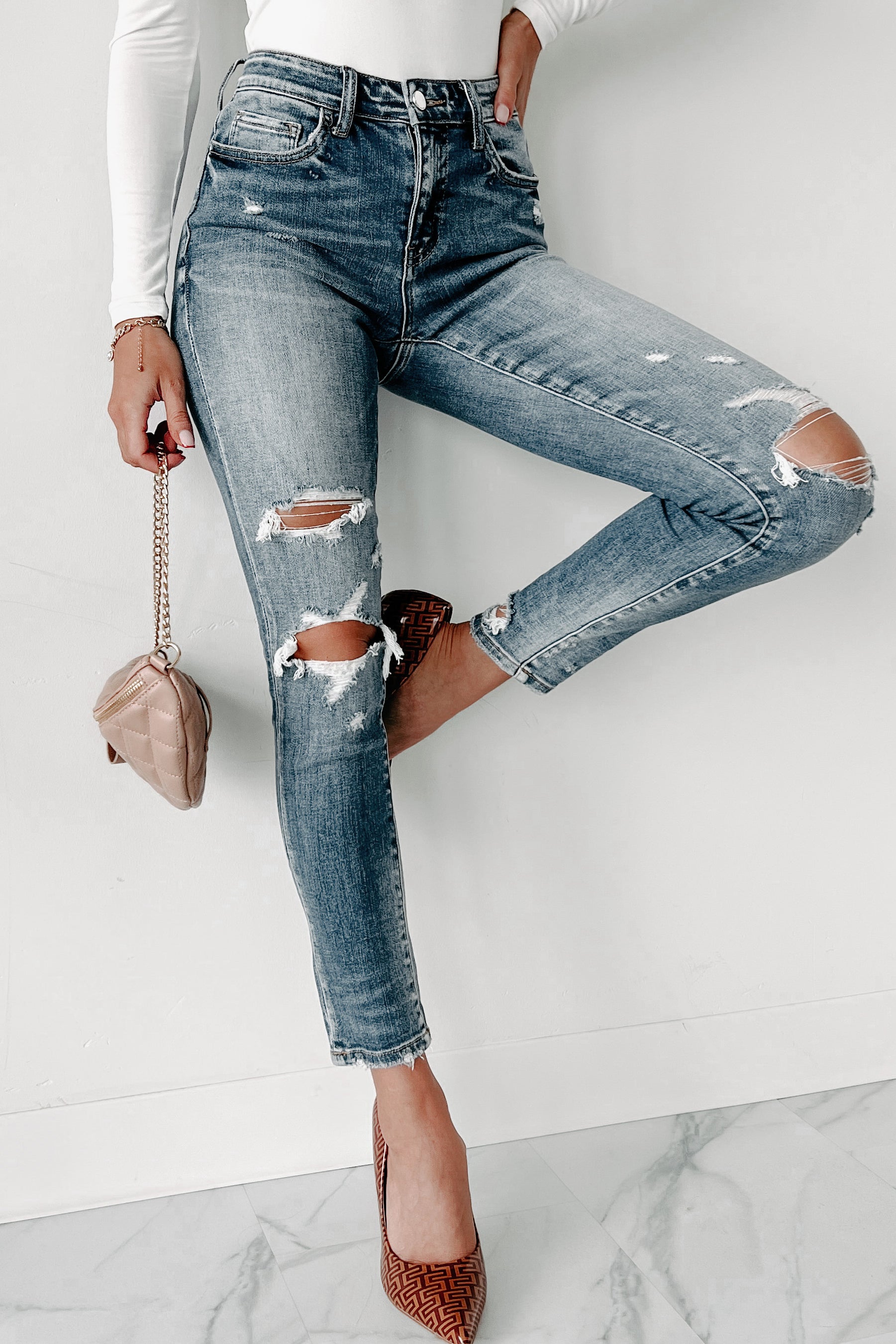 Olina Mid-Rise Distressed Skinny Flying Monkey Jeans (Medium Denim)-The Formal Wear