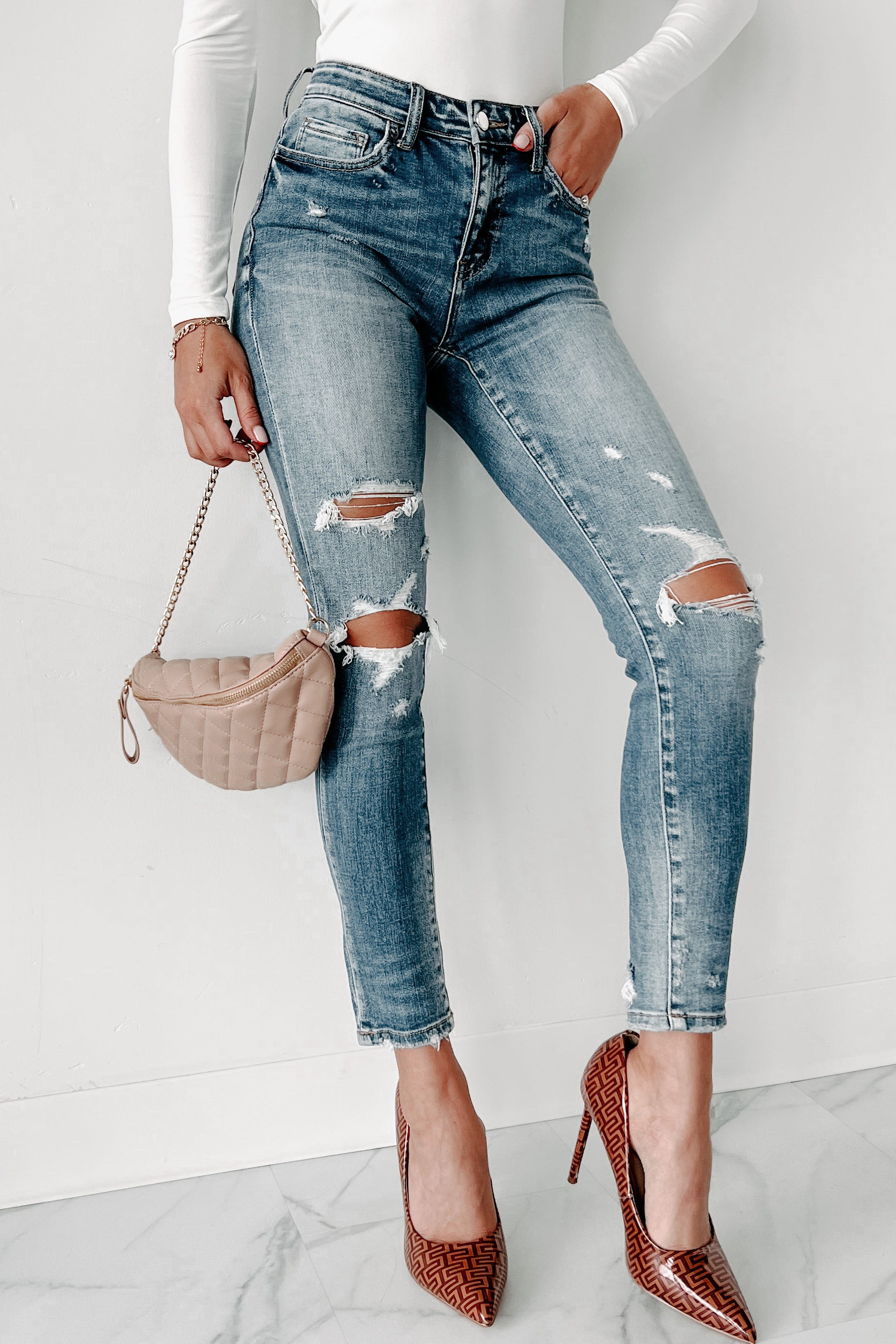 Olina Mid-Rise Distressed Skinny Flying Monkey Jeans (Medium Denim)-The Formal Wear