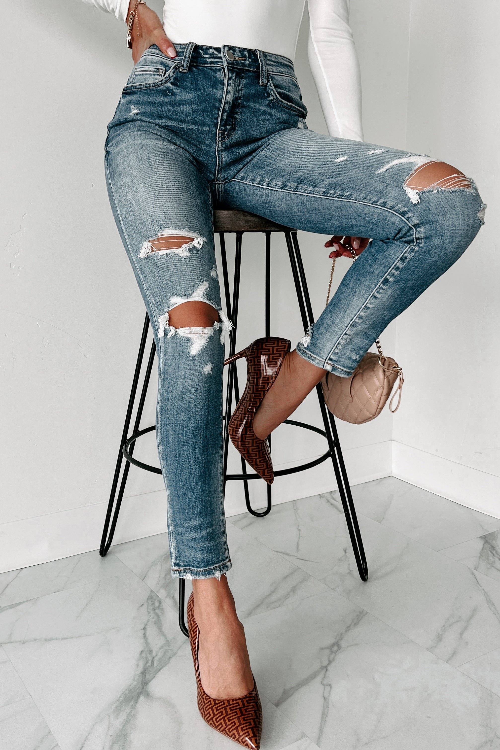 Olina Mid-Rise Distressed Skinny Flying Monkey Jeans (Medium Denim)-The Formal Wear