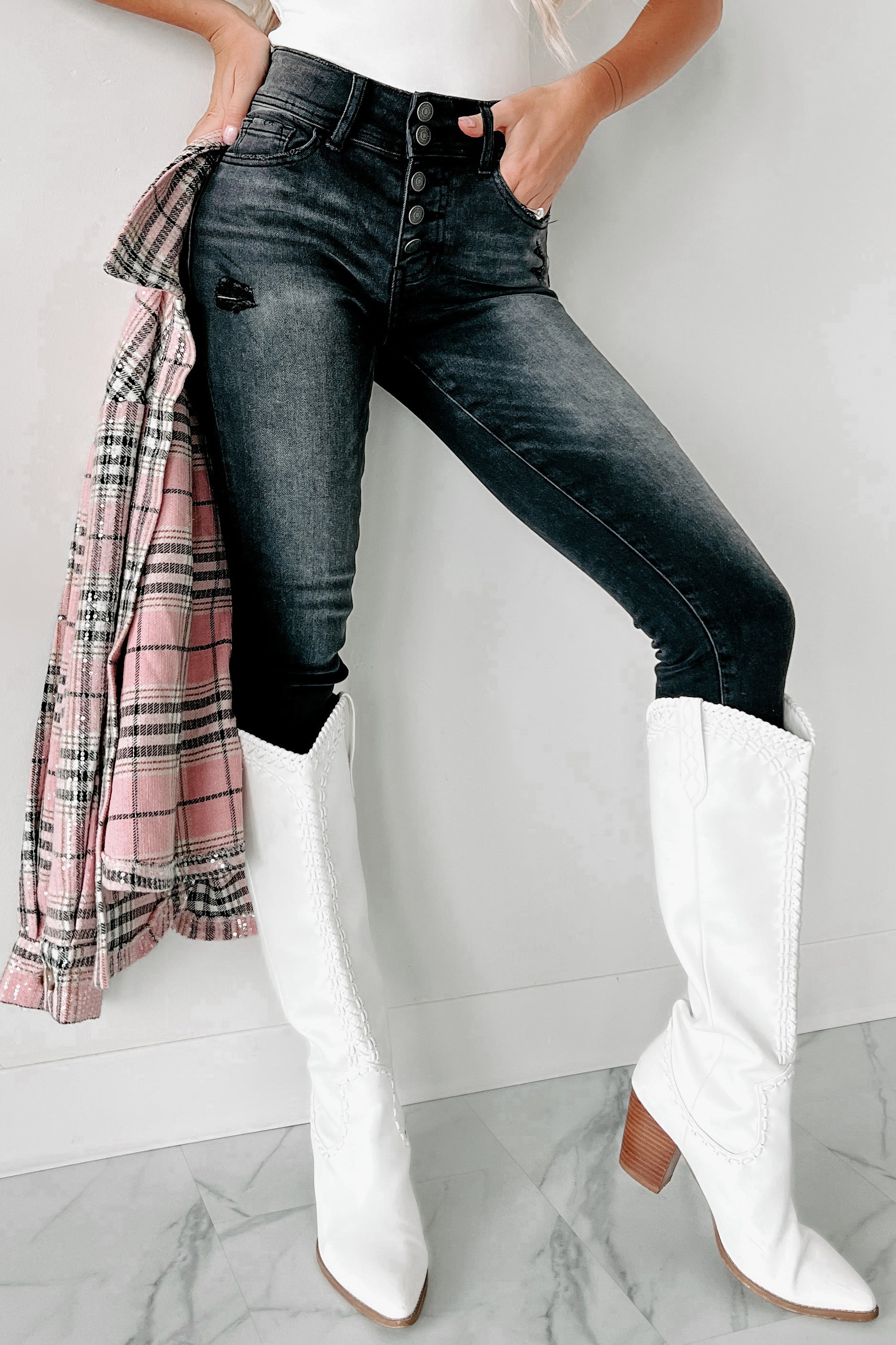 Dinorah Flying Monkey High Rise Button-Fly Skinny Jeans (Black)-The Formal Wear