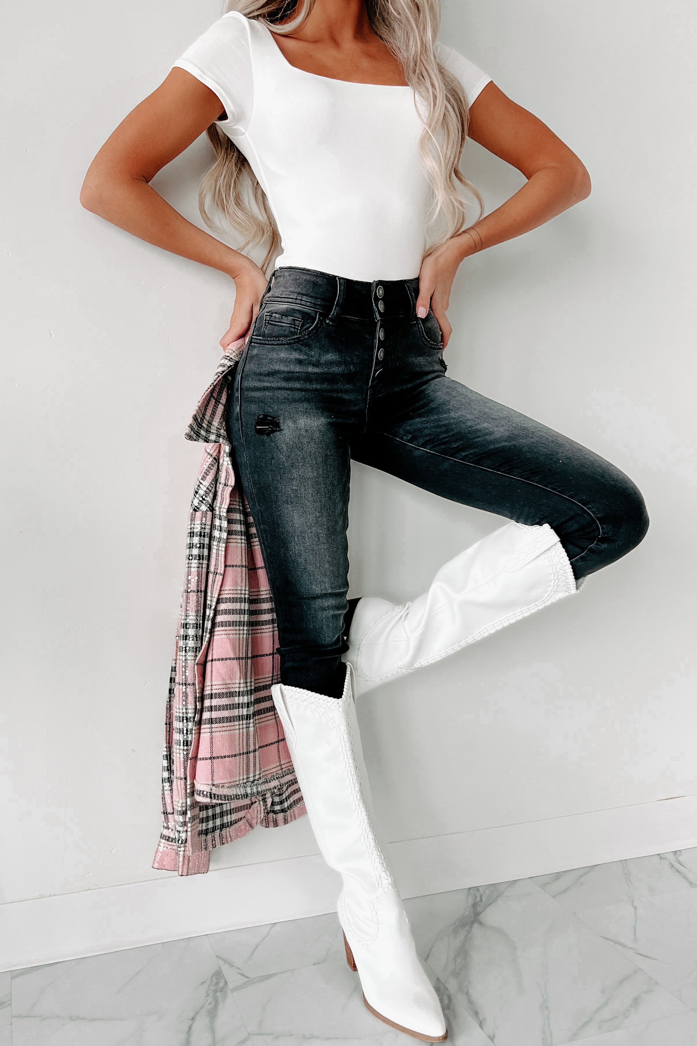 Dinorah Flying Monkey High Rise Button-Fly Skinny Jeans (Black)-The Formal Wear