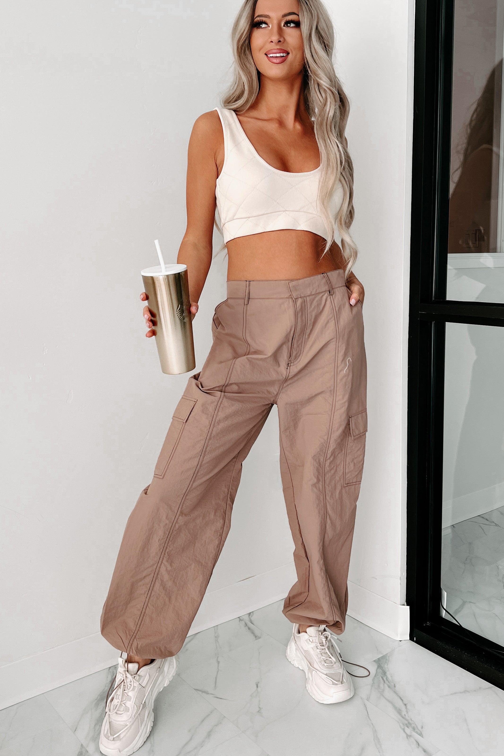 Celia Nylon Cargo Pants (Mocha)-The Formal Wear