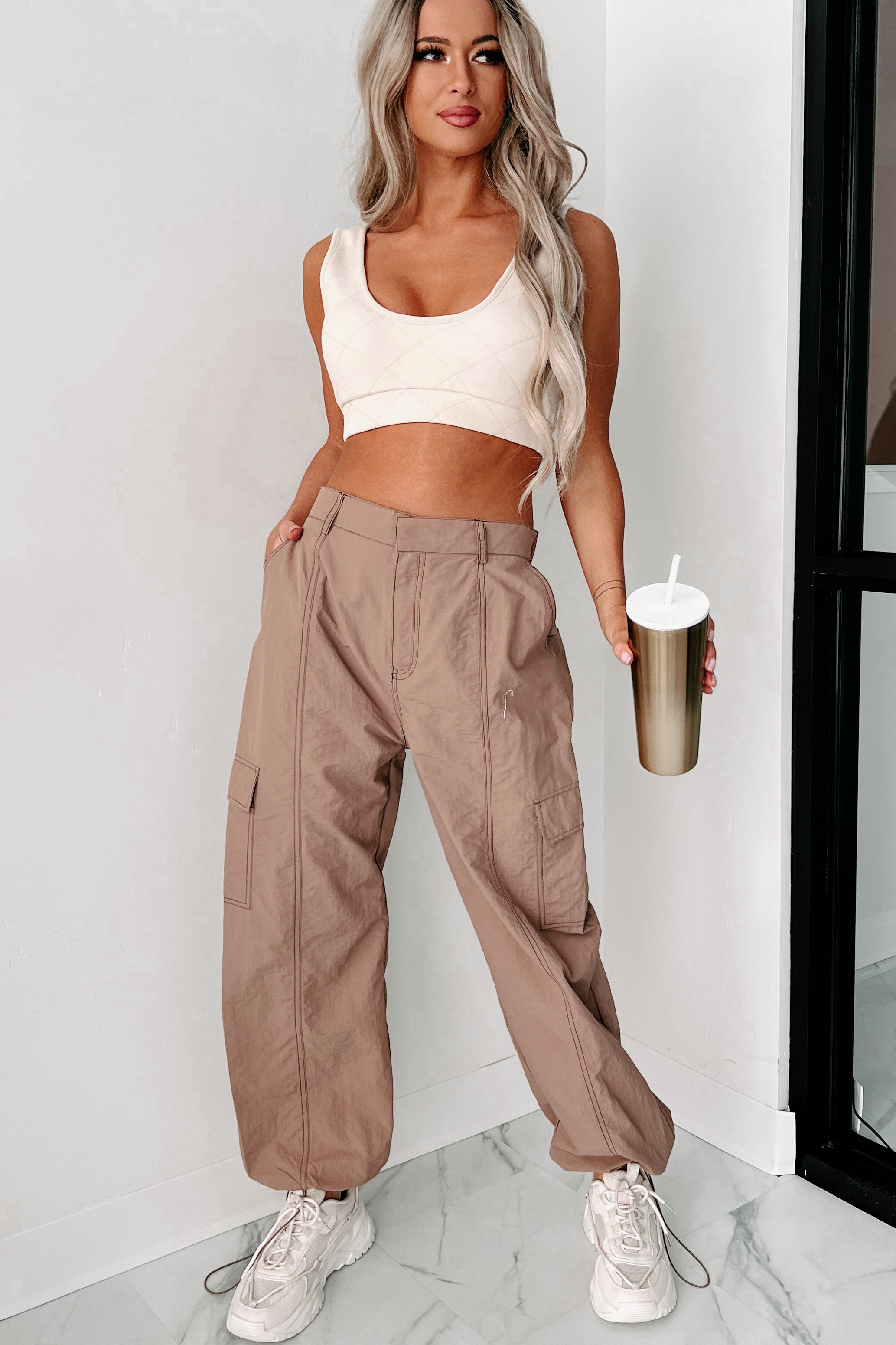Celia Nylon Cargo Pants (Mocha)-The Formal Wear