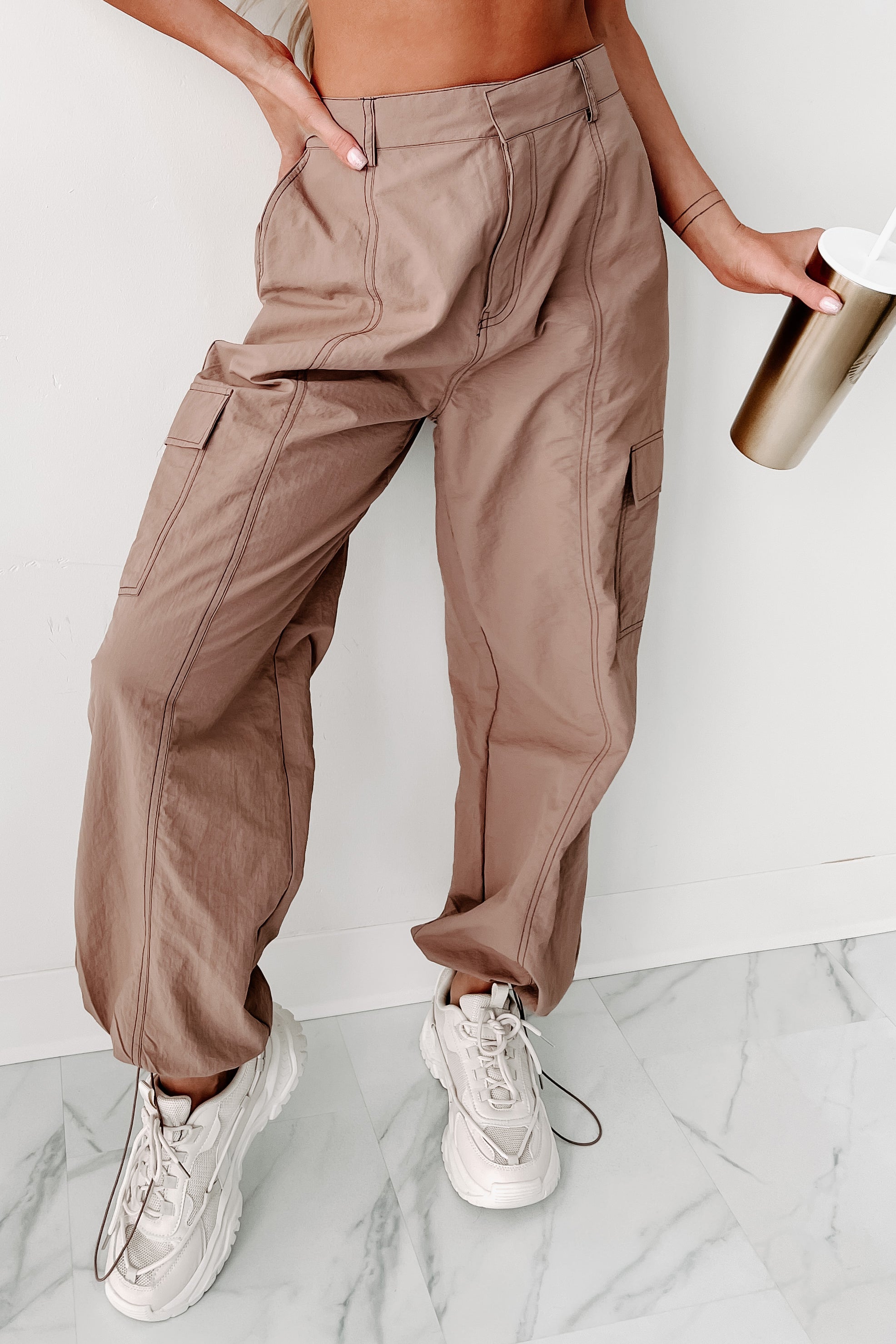 Celia Nylon Cargo Pants (Mocha)-The Formal Wear