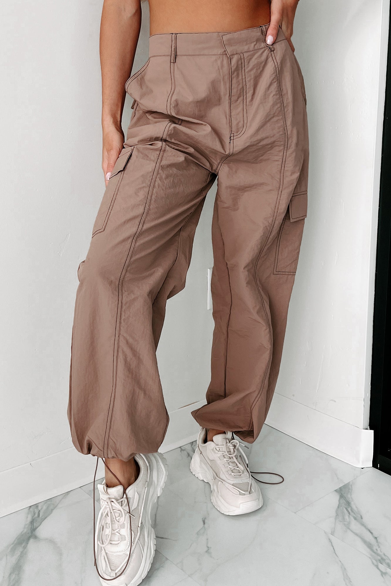 Celia Nylon Cargo Pants (Mocha)-The Formal Wear