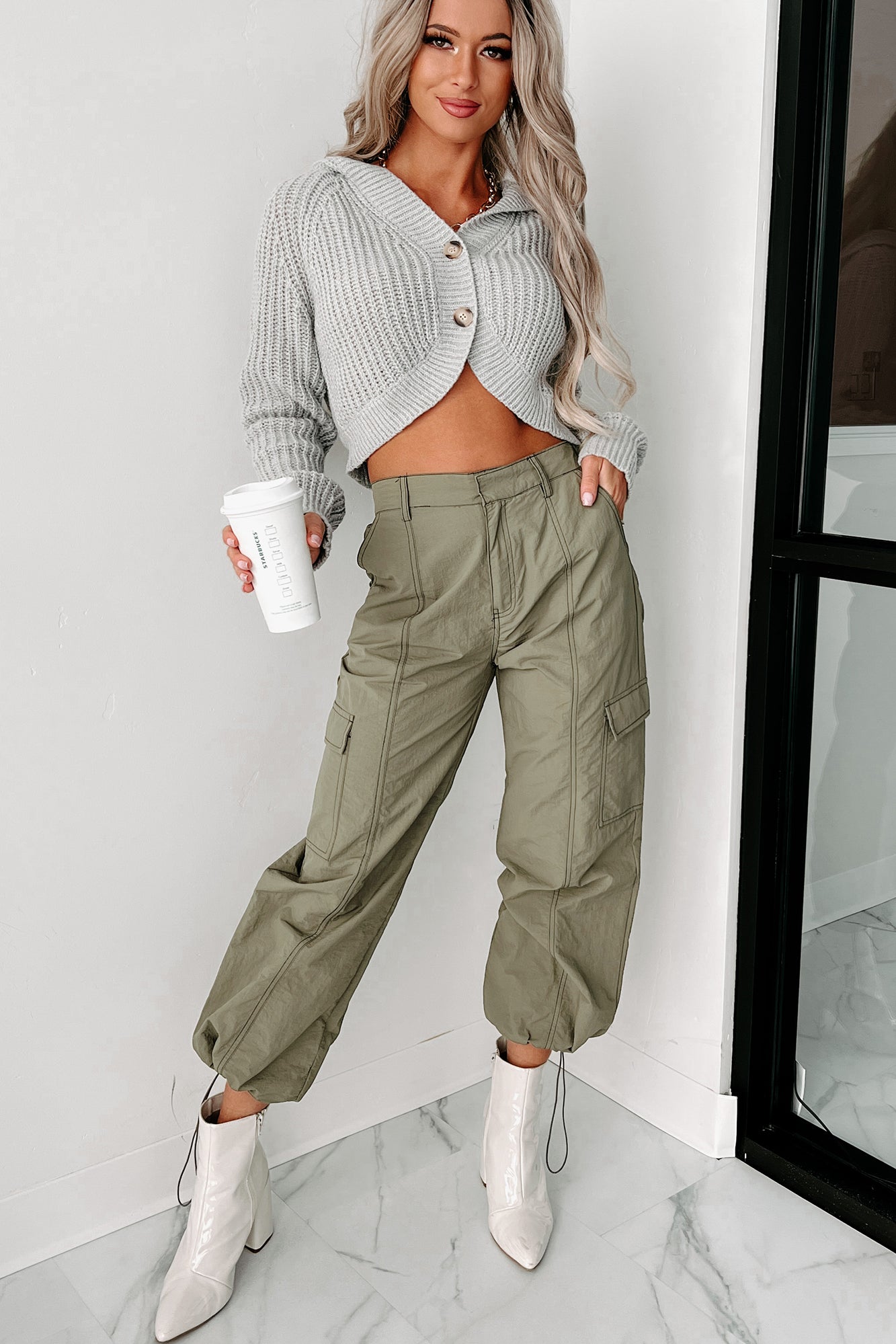 Celia Nylon Cargo Pants (Olive)-The Formal Wear