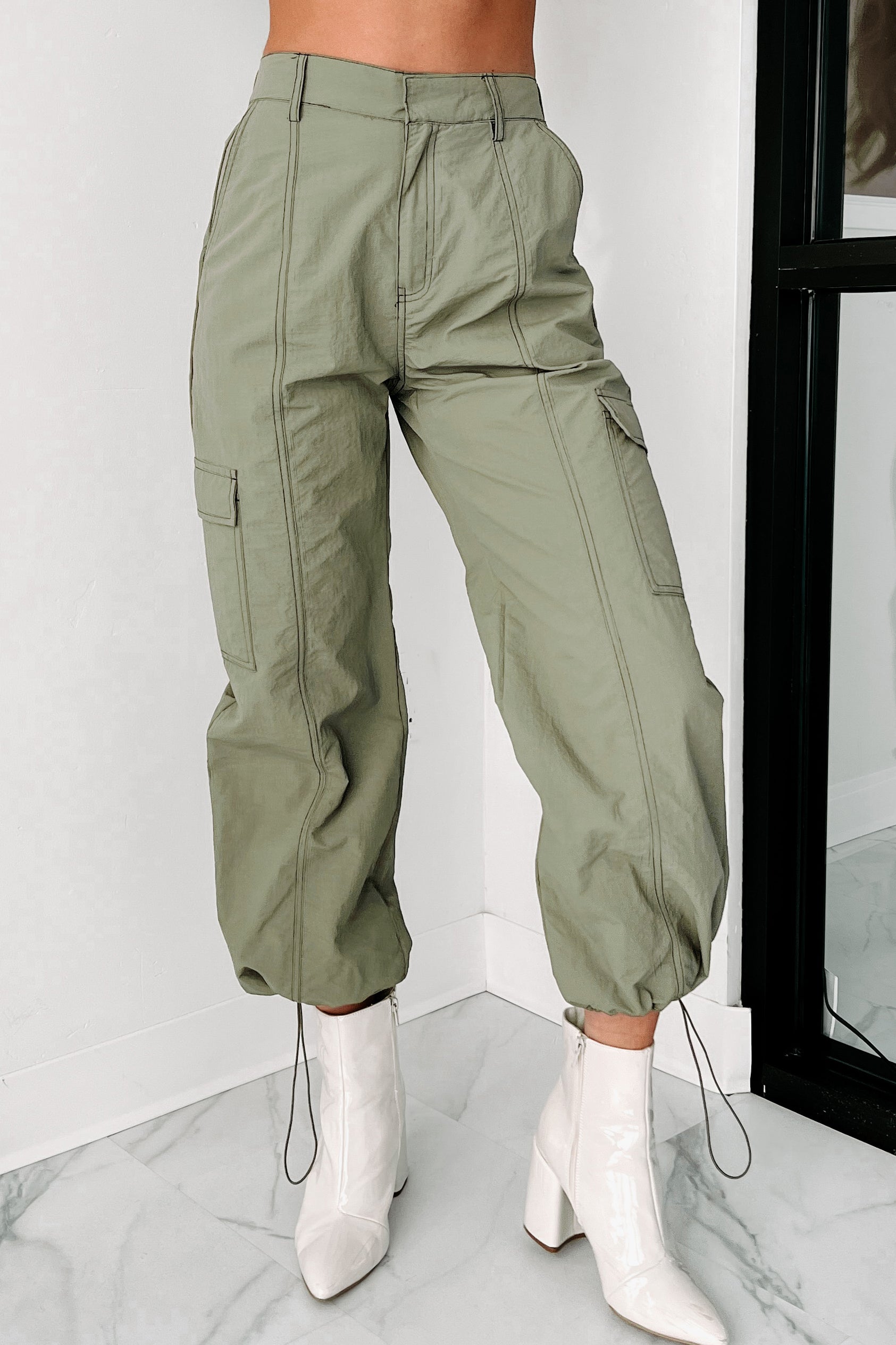 Celia Nylon Cargo Pants (Olive)-The Formal Wear