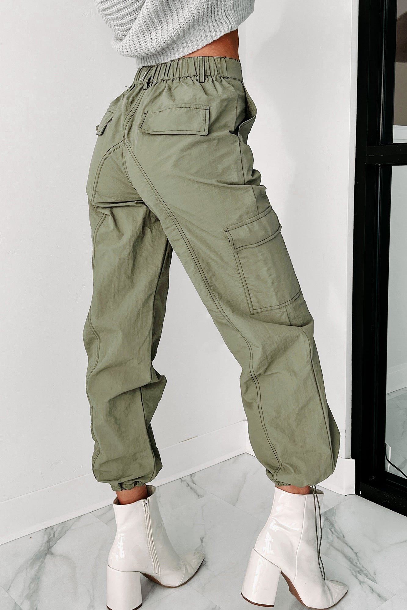 Celia Nylon Cargo Pants (Olive)-The Formal Wear