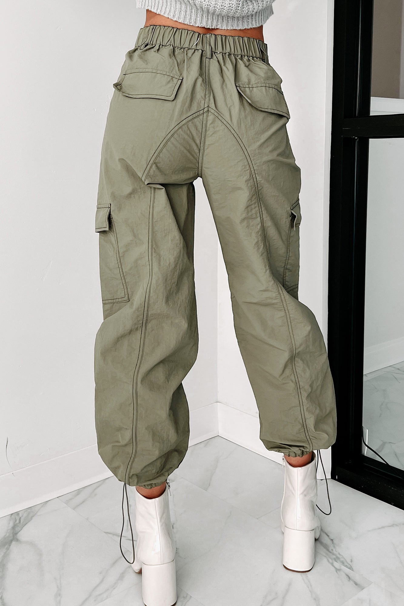 Celia Nylon Cargo Pants (Olive)-The Formal Wear
