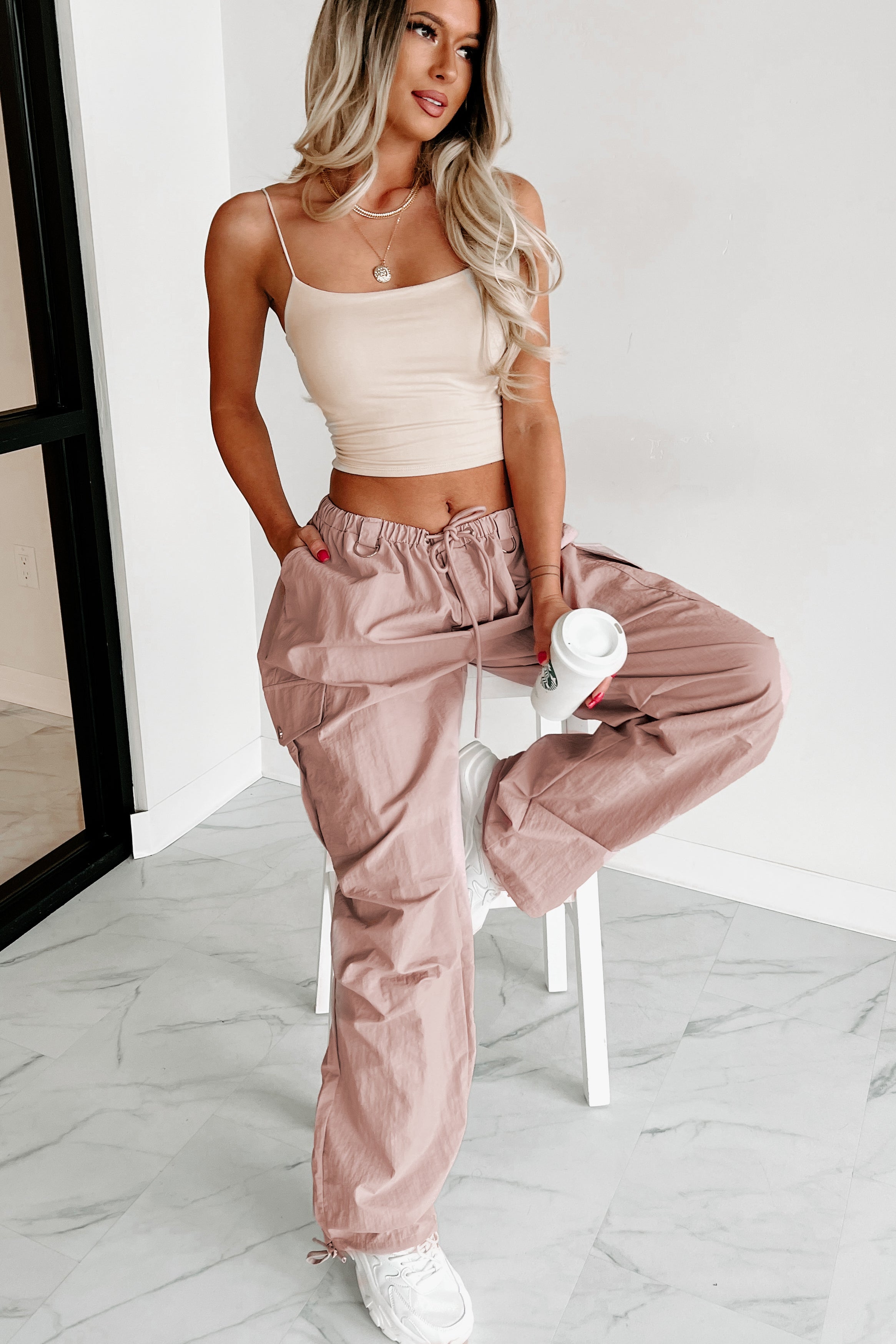 Addicted To Adventure High Rise Nylon Cargo Pants (Pale Rose)-The Formal Wear