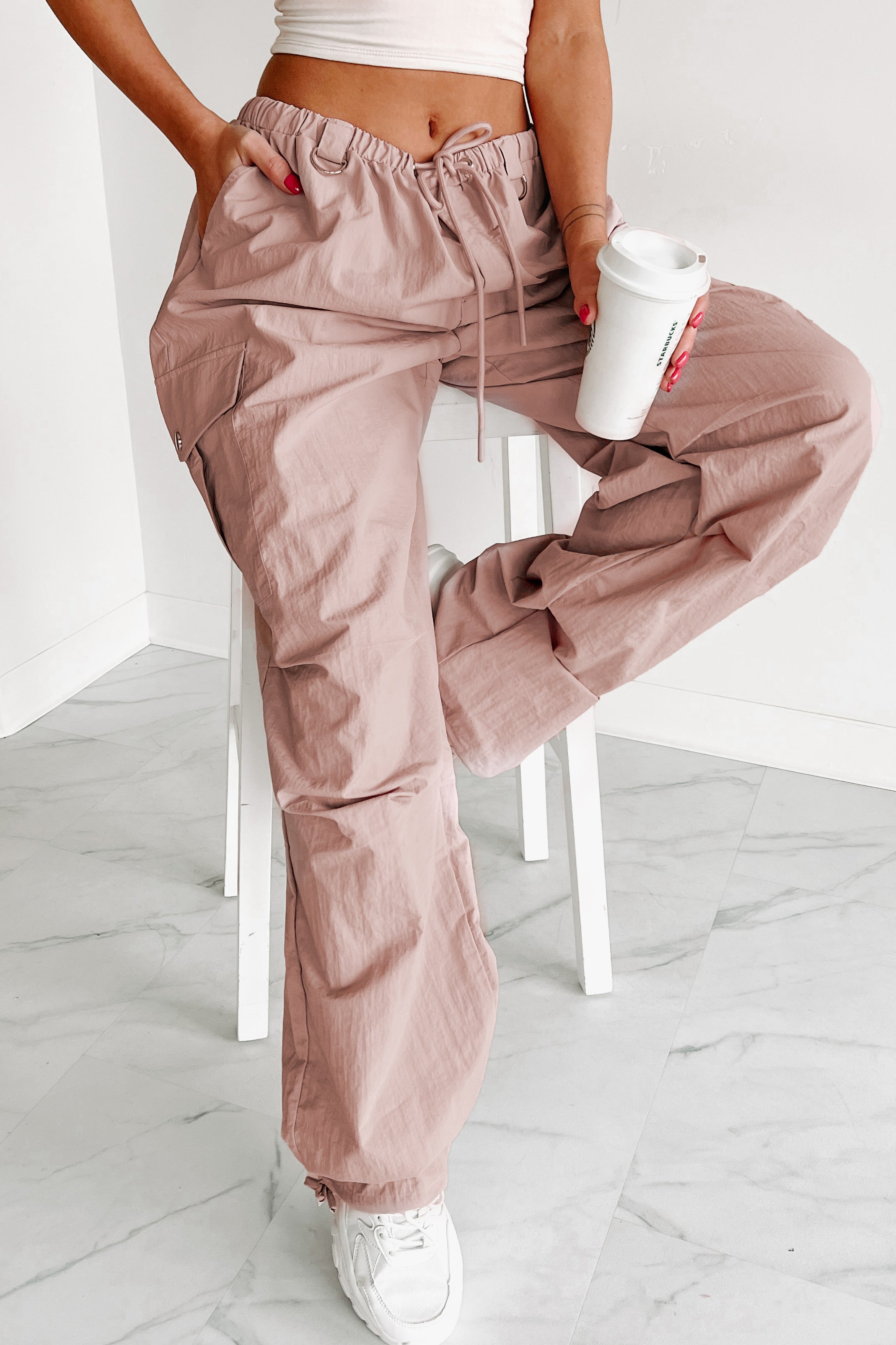 Addicted To Adventure High Rise Nylon Cargo Pants (Pale Rose)-The Formal Wear